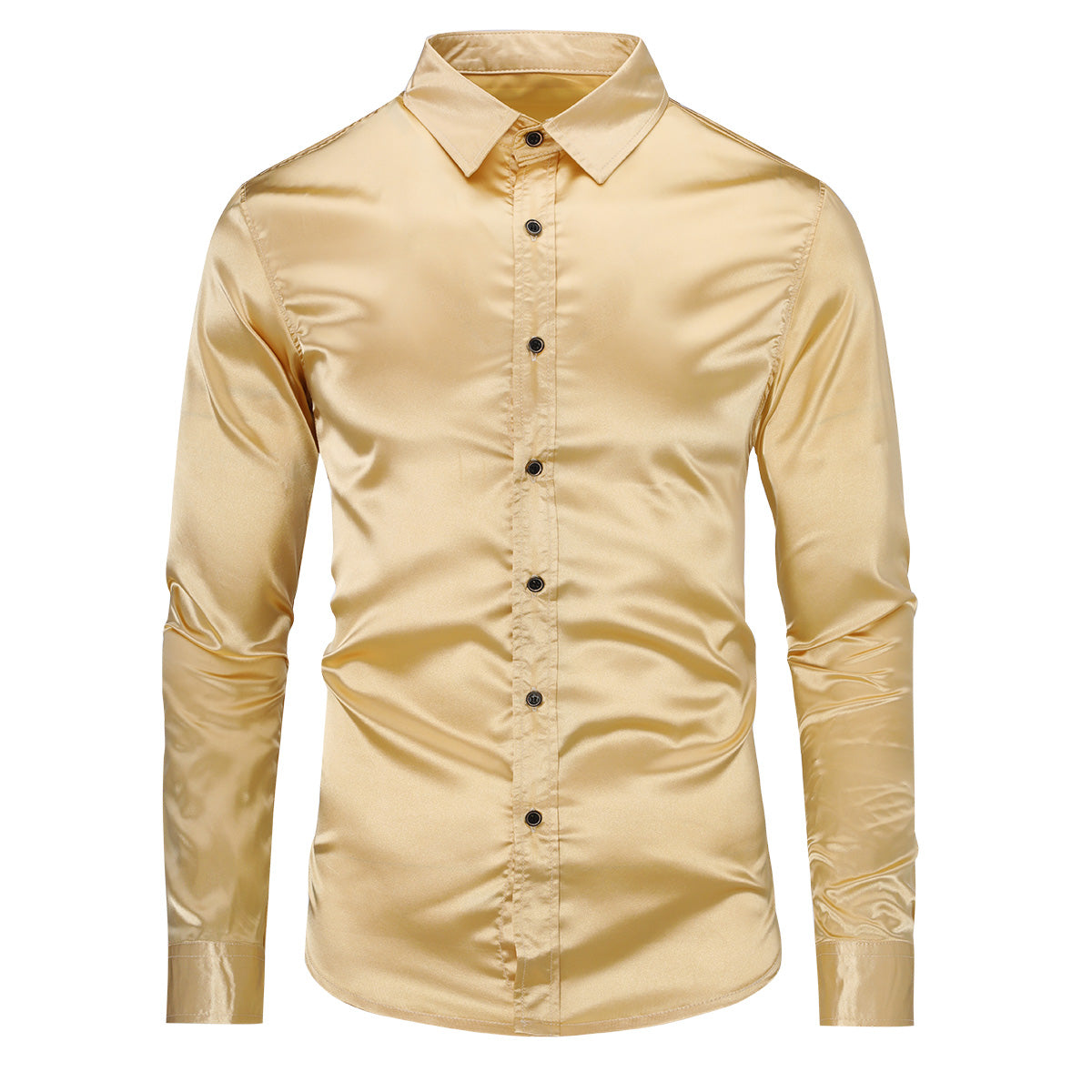 Stylish Gold Shiny Long Sleeve Lapel Dress Shirt for Men - Perfect for Business Casual, Parties & Date Nights