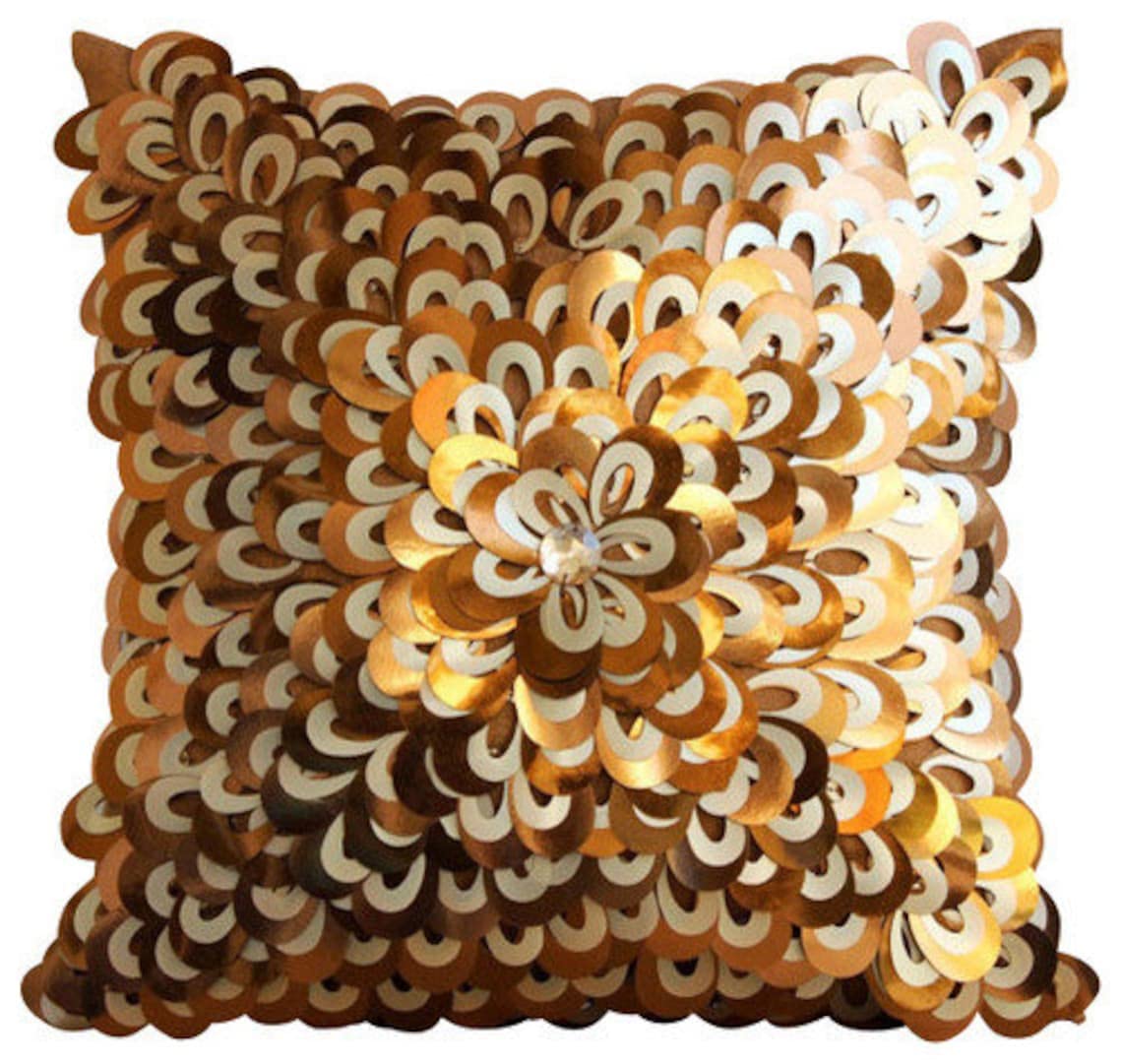 Premium Copper Textured Floral Pillow Shams 24x24 Inch - Luxury Silk Square Decorative Cushion Covers with Sequins for Bedroom Sofa - Modern Abstract Easter Floral Design Home Decor