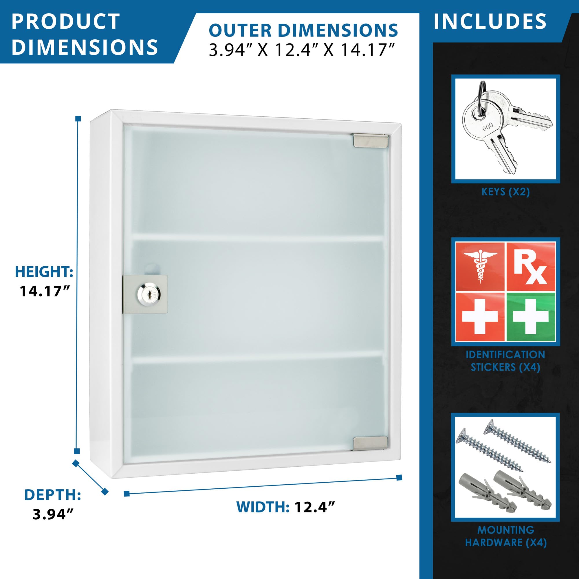 Large Wall Mount Steel Medical Medicine Storage Cabinet with Glass Door - Secure Organizer for Pharmacy, Clinic & Home Use