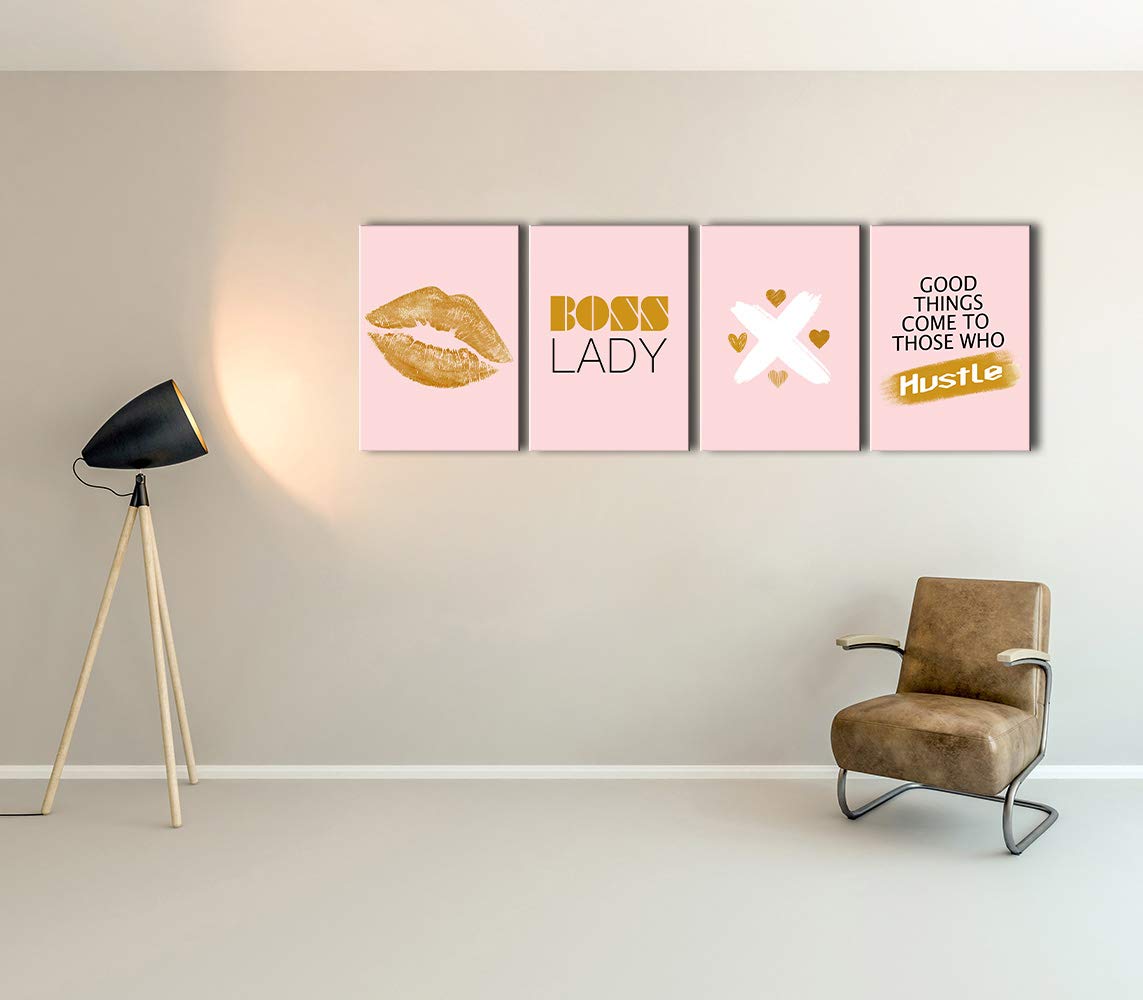 AMEMNY 4-Panel Fashion Canvas Wall Art - Boss Lady Style Female Office Decor, Framed Ready-to-Hang Aesthetic Prints for Home & Workplace Inspiration | Perfect for Living Room, Bedroom or Office Wall Decor