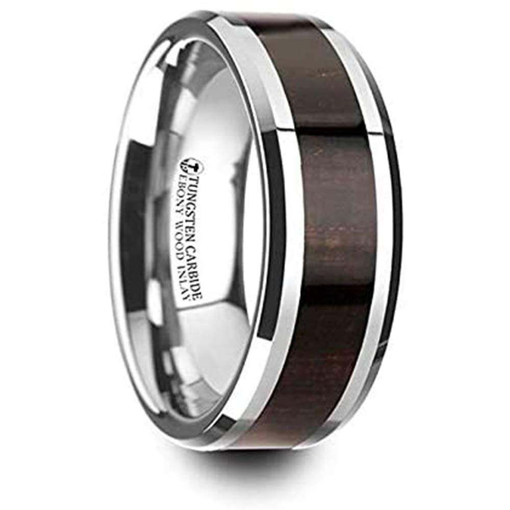 Thorsten Jewelry Arcane Ebony Wood Inlaid Tungsten Carbide Ring - 8mm Beveled Edge Men's Wedding Band for Outdoor & Formal Occasions