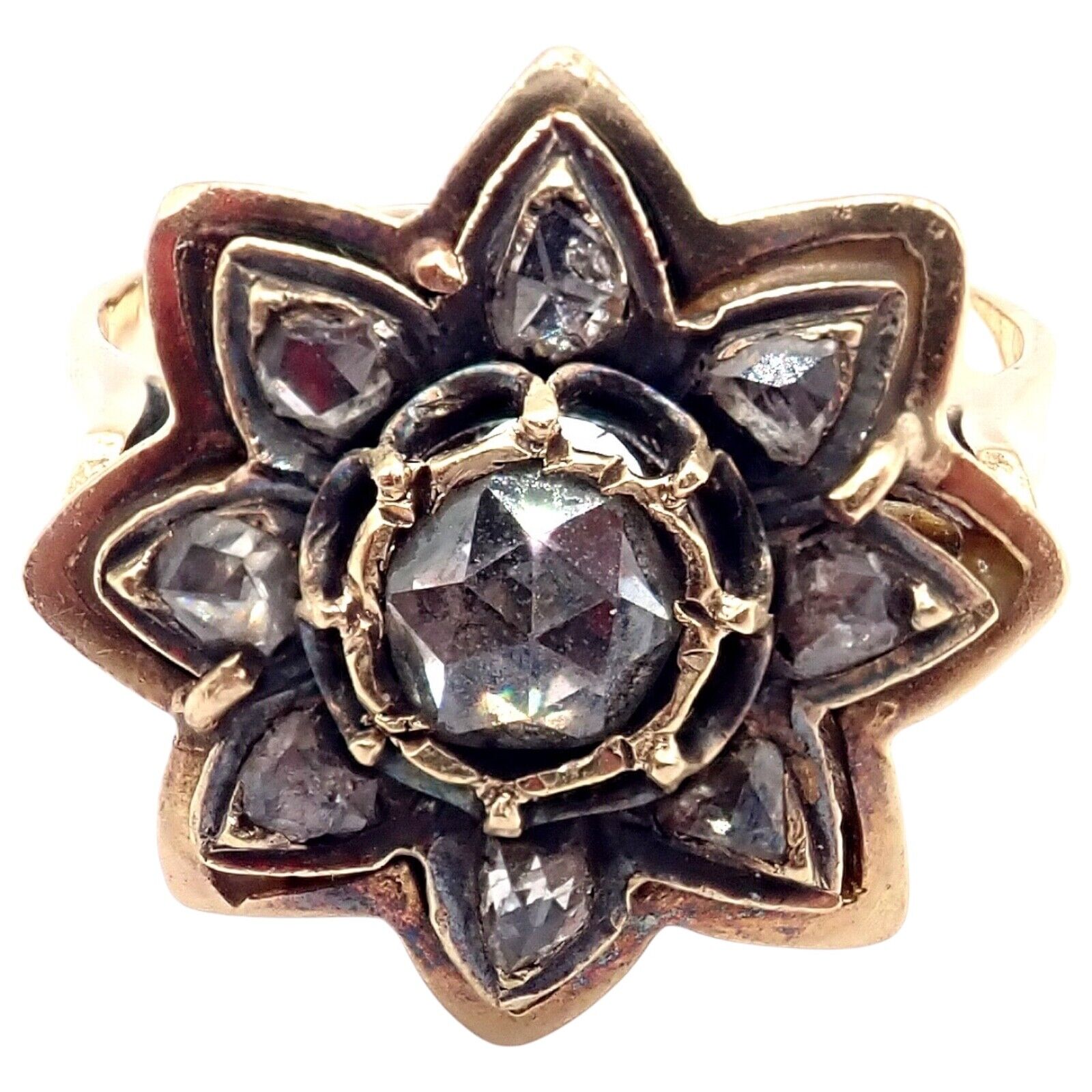 Vintage Karl Faberge 18k Yellow Gold Rose Cut Diamond Flower Ring - Elegant Antique Jewelry for Women, Perfect for Weddings, Anniversaries & Special Occasions