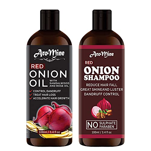 AroMine Red Onion Hair Oil & Shampoo Combo Set - 2 x 100ml Bottles for Hair Growth & Scalp Care | Perfect for Dry, Damaged Hair & Dandruff Treatment | At-Home Hair Care Routine