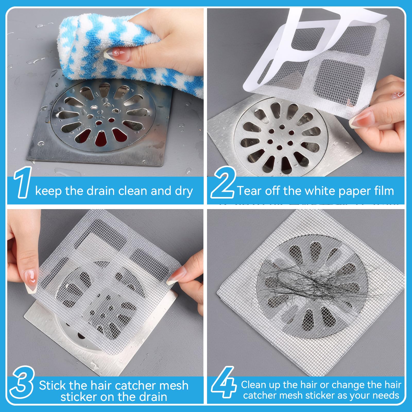 30 Pack Disposable Shower Drain Hair Catchers - Mesh Stickers for Bathroom, Washbasin, Bathtub & Kitchen Sink - Effective for Human and Pet Hair - Perfect for Home Cleaning and Hair Clog Prevention