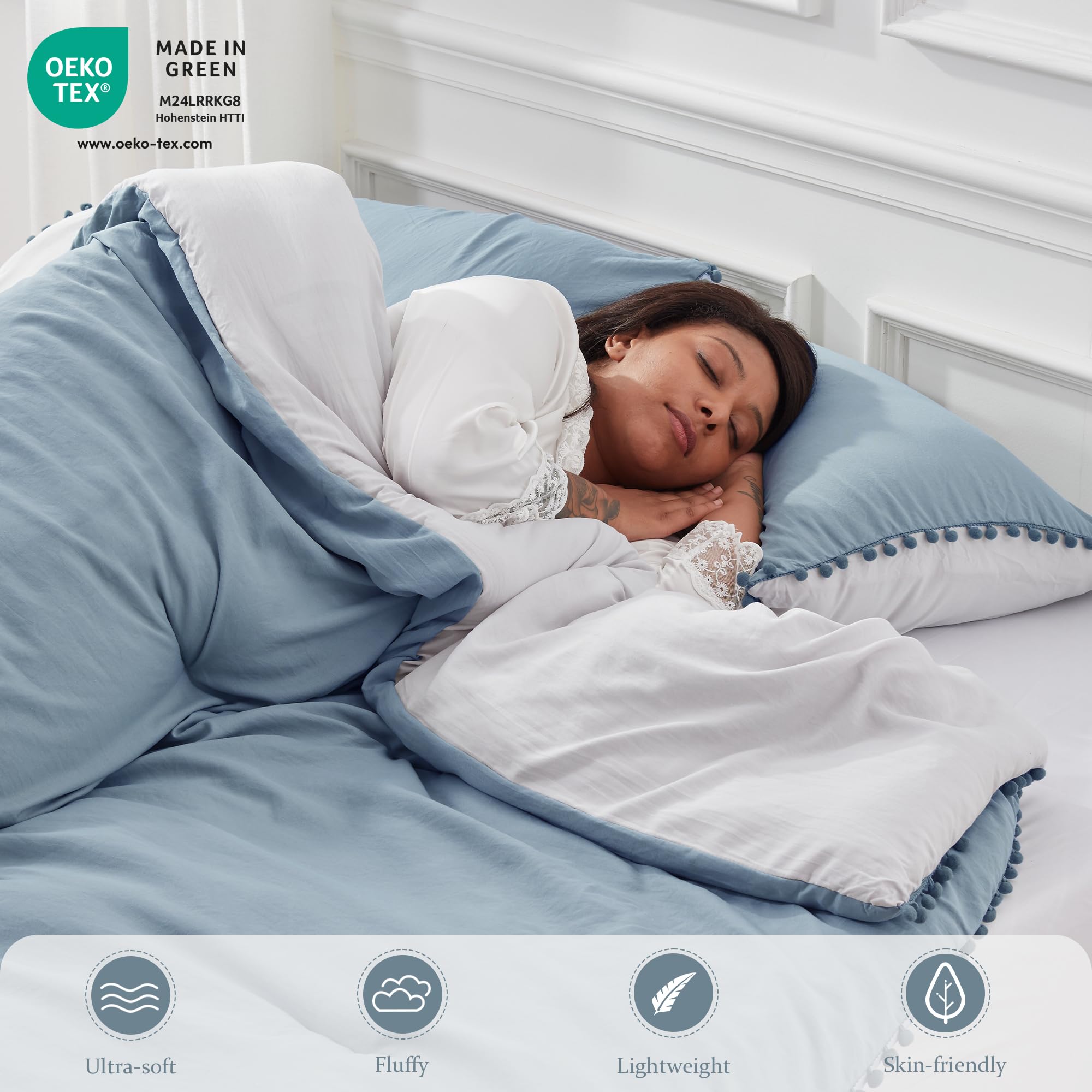 GRT 7-Piece Reversible Queen Size Comforter Set with Pom Pom Fringe - Blue Bedding Includes Comforter, Pillow Shams, Sheets & Pillowcases | Perfect for Master Bedroom, Guest Room & Cozy Home Decor