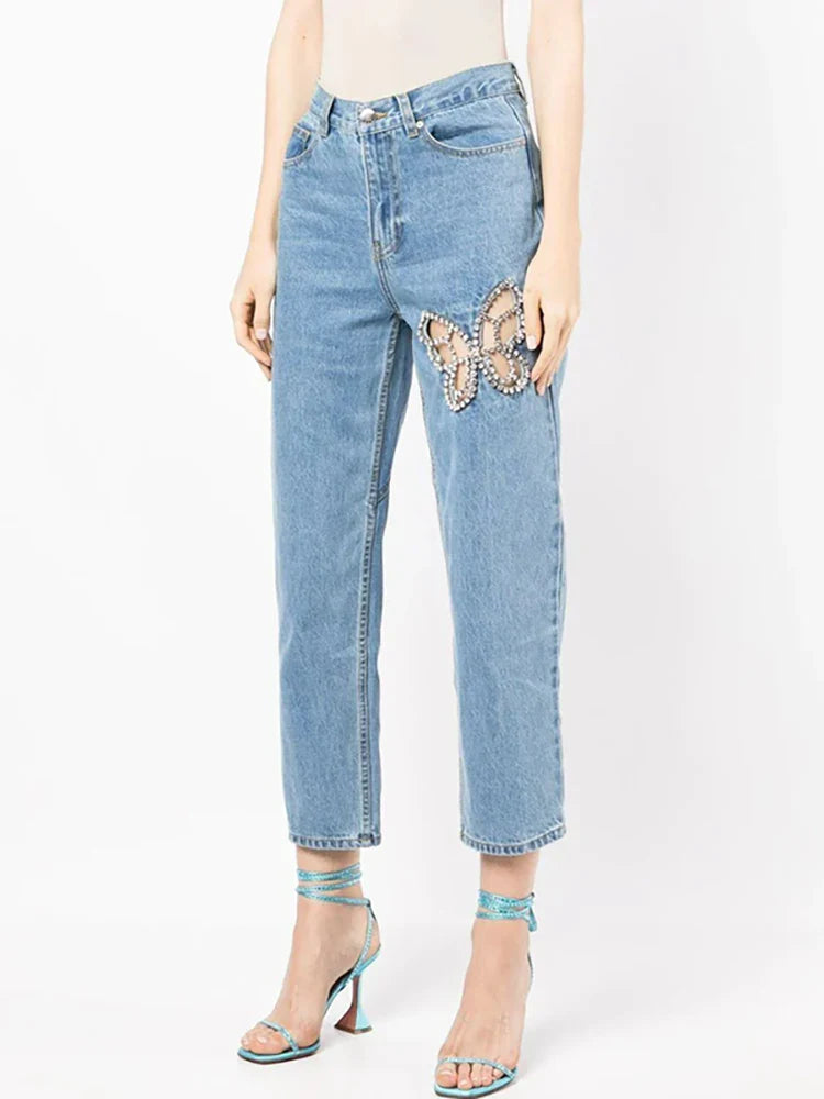 Women's Notched Collar Denim Jacket with Diamond Tassel & High Waist Butterfly Cutout Design - Trendy Summer Short Coat for Casual Outfits, Date Nights & Streetwear Fashion