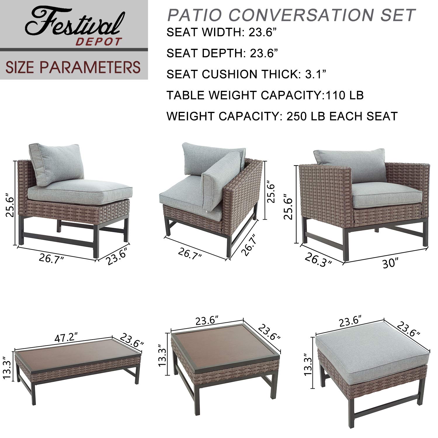 10-Piece Patio Conversation Set with Sectional Corner Sofa, Cushioned Chairs, Coffee Table & Ottoman - Gray Outdoor Furniture for Garden, Poolside & Backyard Relaxation