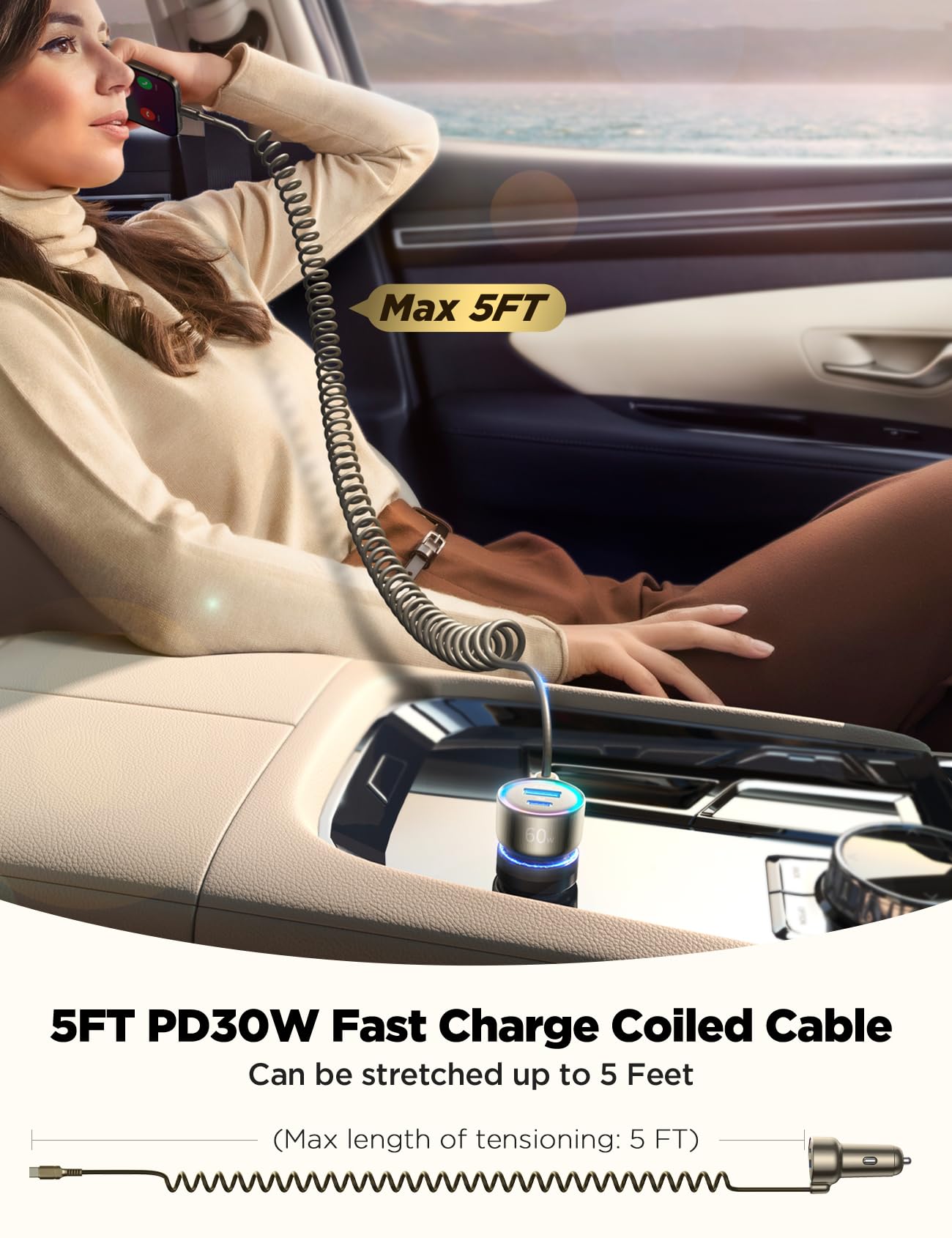 60W USB C Car Charger with PD & QC3.0 Fast Charging - Includes 5ft 30W Type C Coiled Cable - Compatible with iPhone 15 Pro Max/Plus, Samsung Galaxy S24/S23/S22, Google Pixel, Moto, LG & Android Devices - Perfect for Road Trips & Daily Commutes