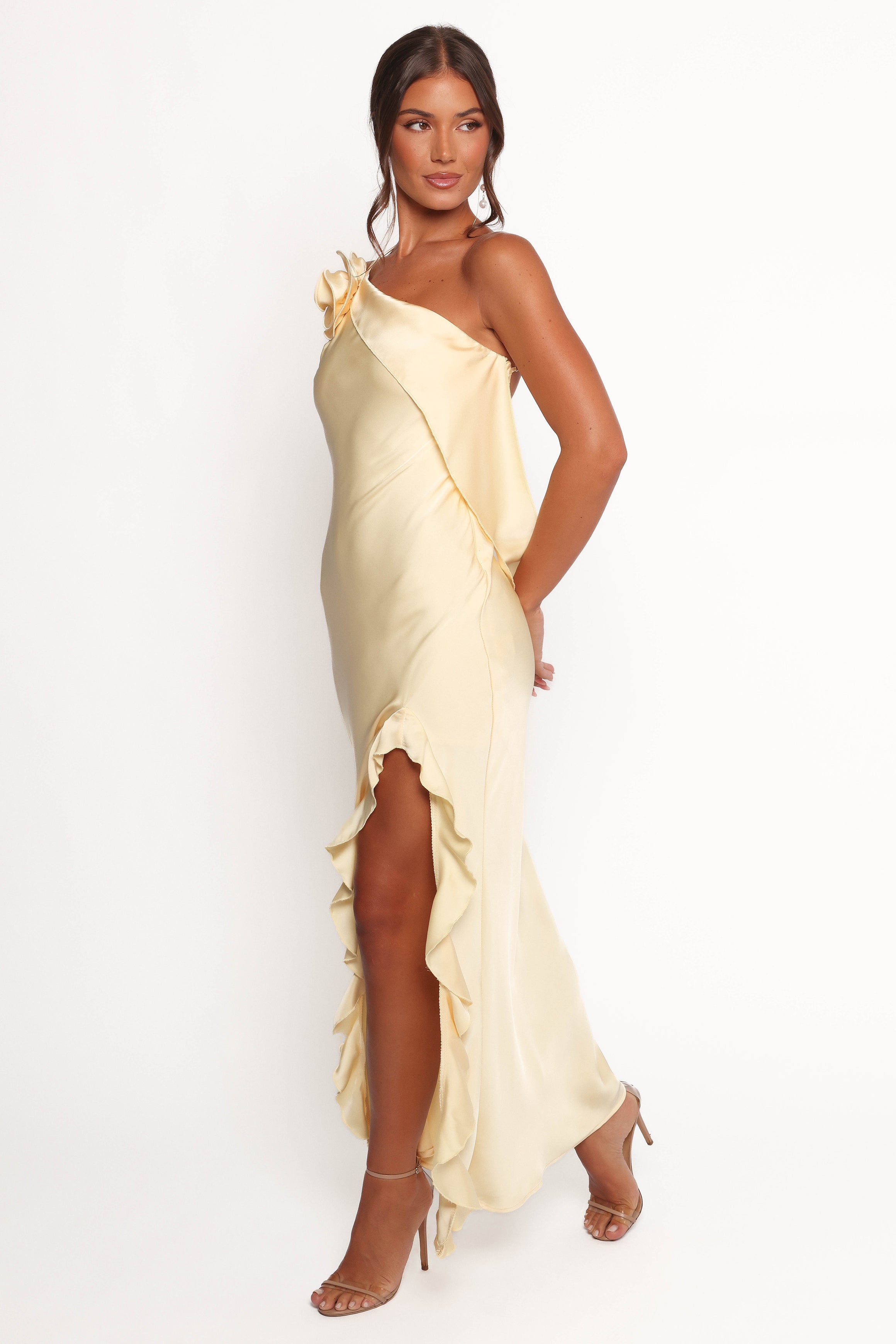 Aila Rosette One Shoulder Dress in Butter Yellow - Elegant Women's Party Gown for Cocktail, Wedding Guest & Special Occasions