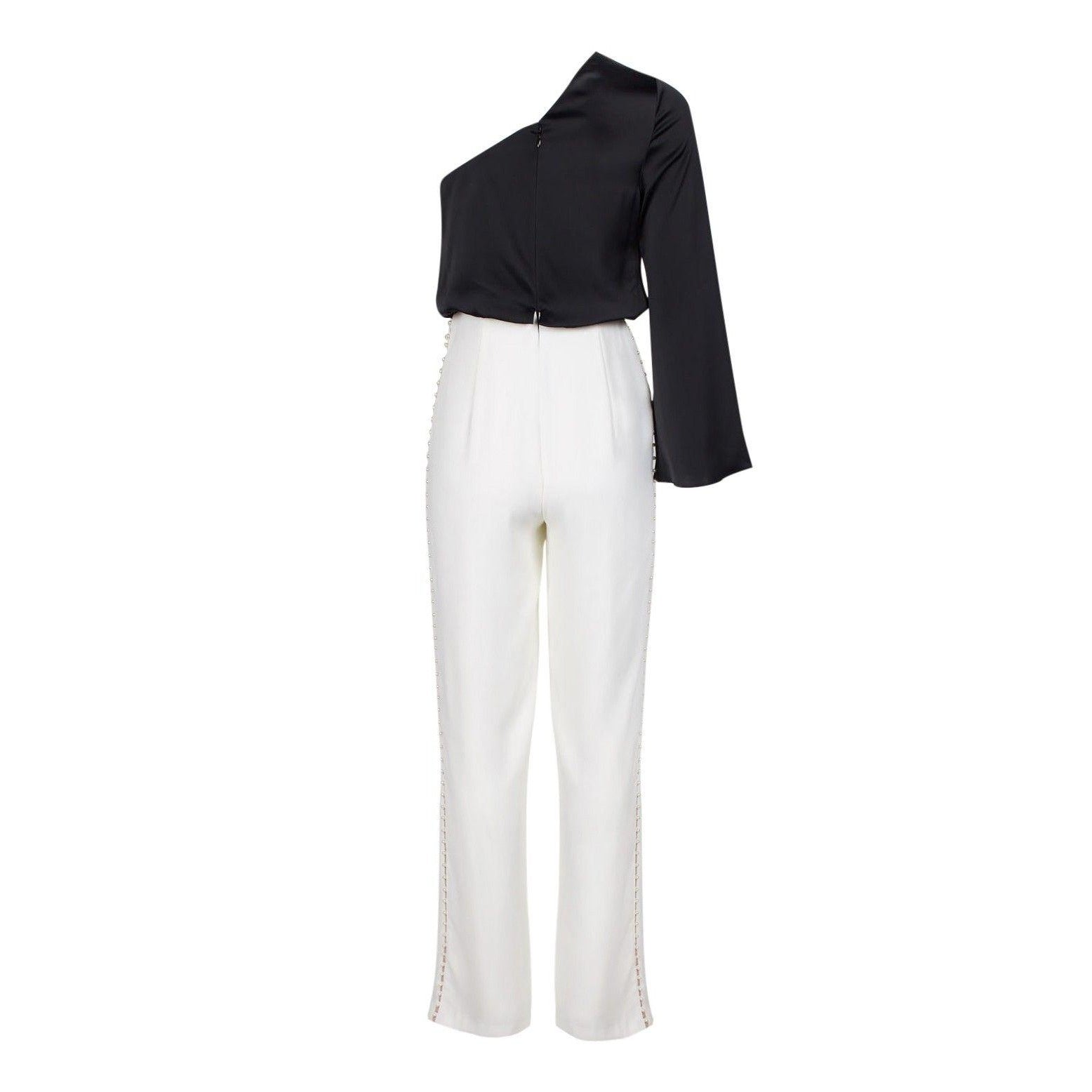 Aidan Mattox Women's Asymmetric Long Sleeve Jumpsuit - Black & Ivory | Elegant One-Piece Romper for Evening Parties, Date Nights & Special Occasions