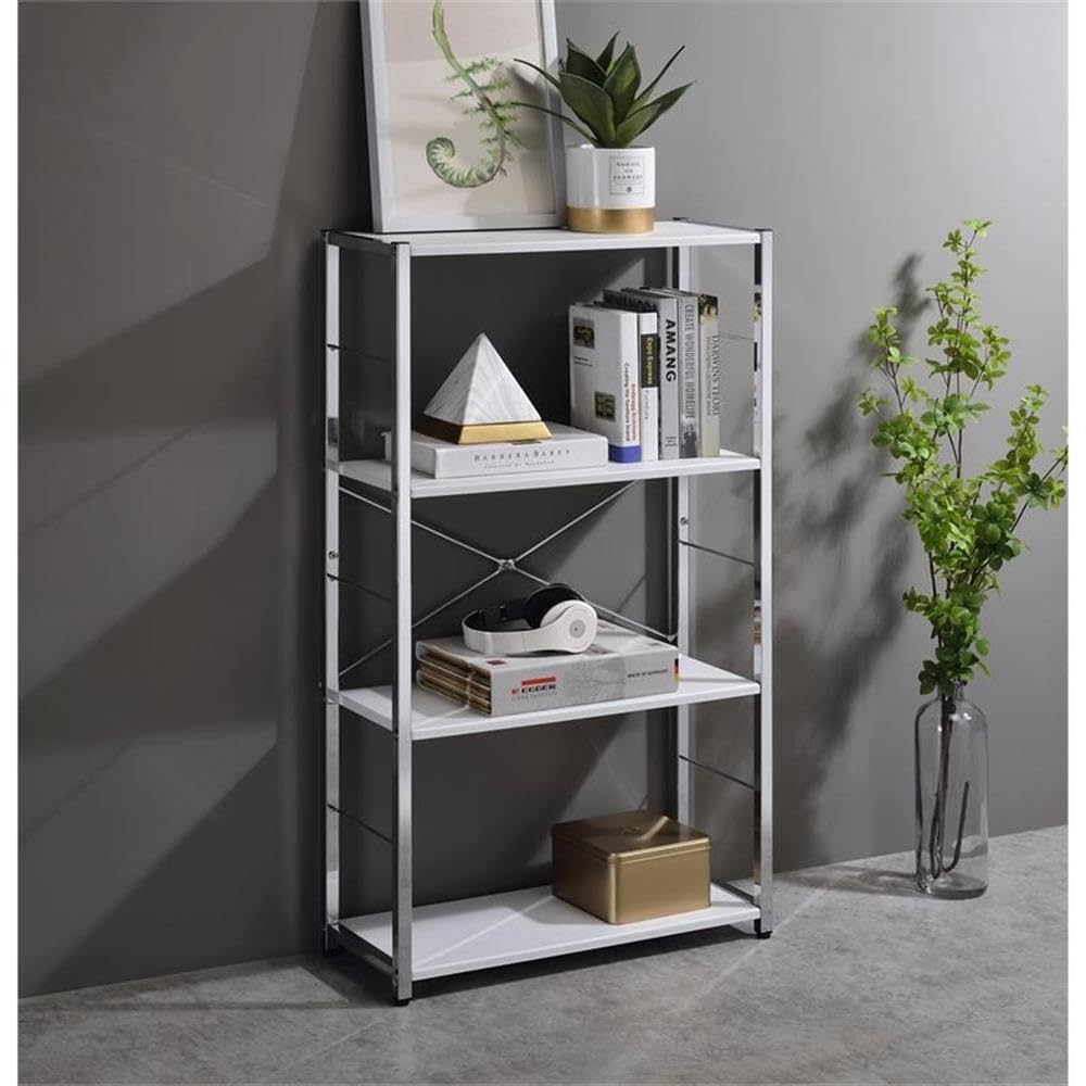 Acme Tennos 4-Tier Wooden Bookshelf with Sturdy Metal Frame - White & Chrome Finish for Living Room, Bedroom, Office Storage & Organization