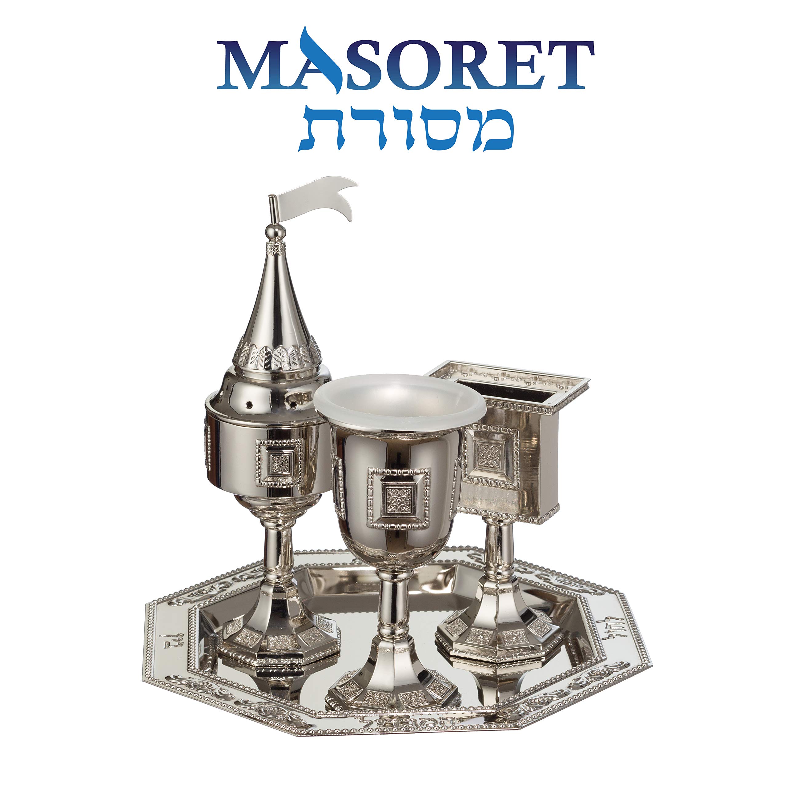 Nickel Havdalah Set with Kiddush Cup, Candle Holder, Spice Box & Tray - Complete Jewish Shabbat Ceremony Kit for Home Blessings