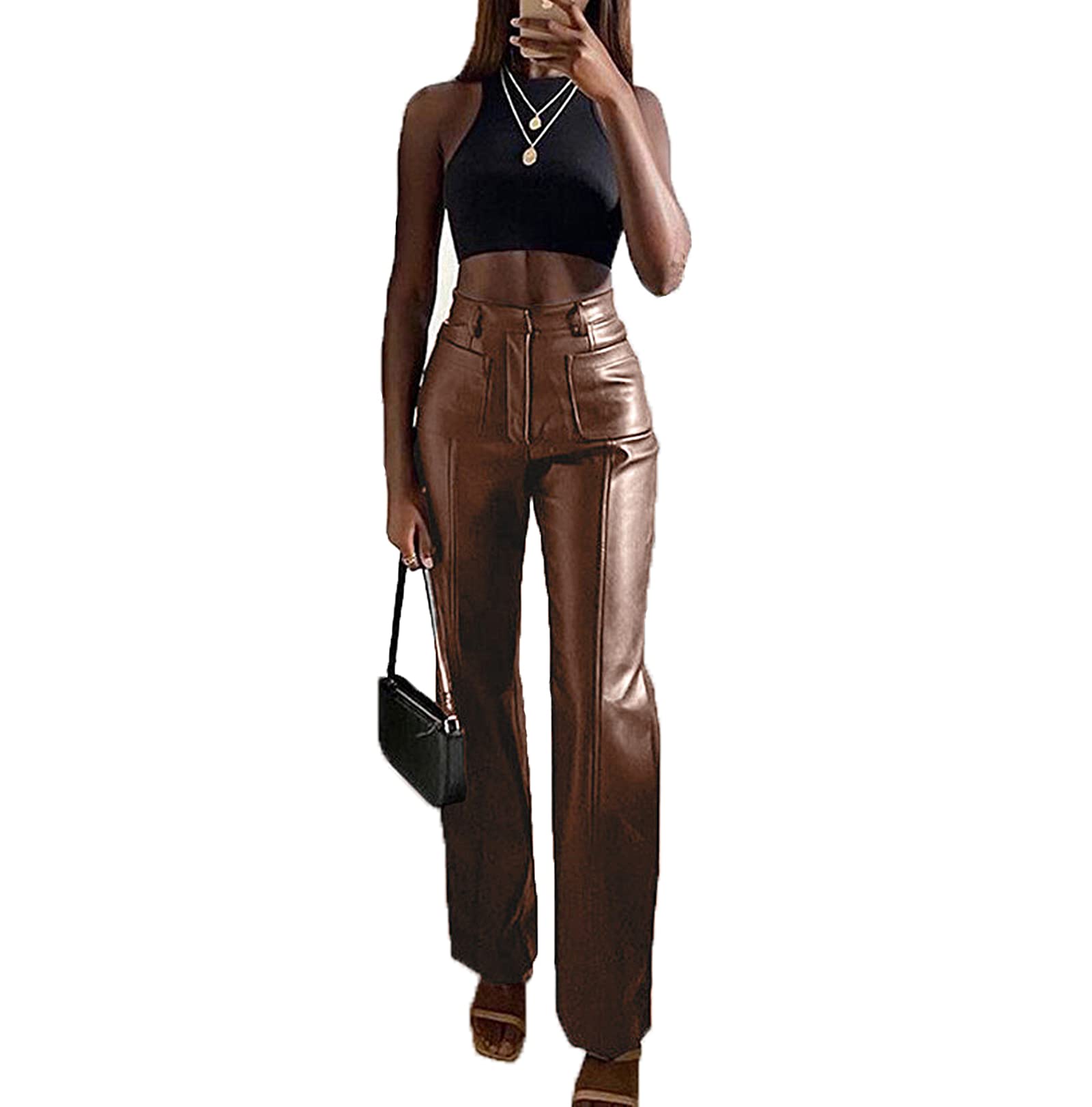 FOMOYUU Women's High Waist Faux Leather Pants - Retro Straight Leg PU Leather Trousers for Casual Wear | Office, Party, Night Out Fashion