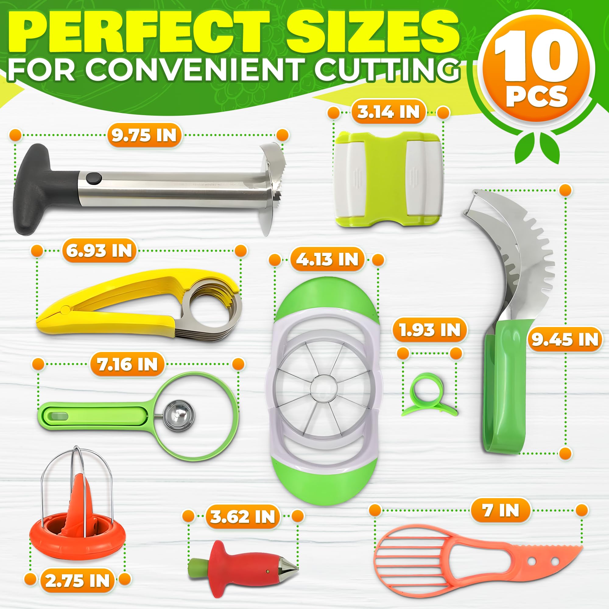 10-Piece Fruit Slicer Set - Pineapple Corer, Kiwi Cutter, Apple Slicer, Cantaloupe Cutter, Strawberry Huller, Watermelon Slicer & Banana Slicer - Perfect for Fruit Salads, Smoothies & Party Platters