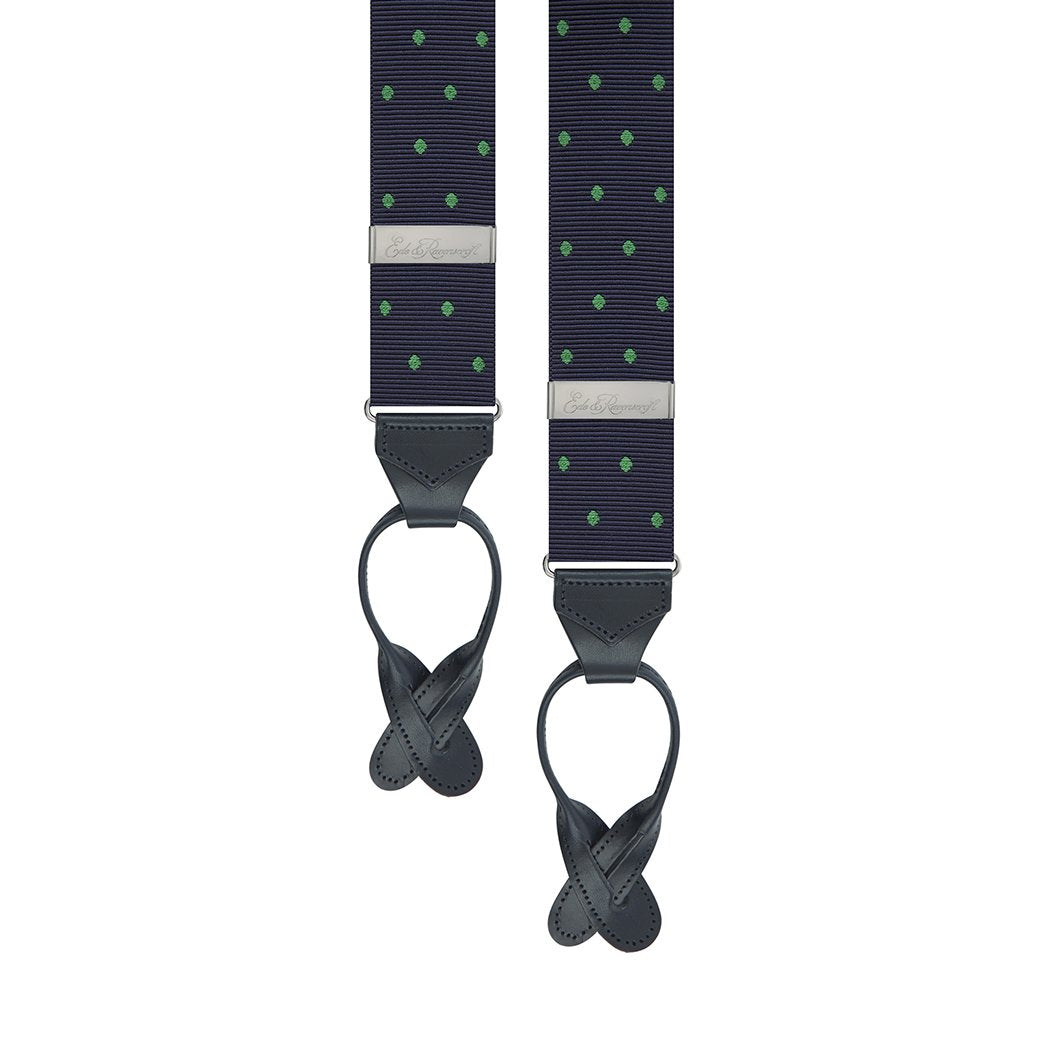 Navy and Green Webbed Spot Braces - Adjustable Suspenders for Men & Women - Vintage Style Elastic Suspenders for Pants - Perfect for Casual Wear, Cosplay, and Retro Fashion Outfits