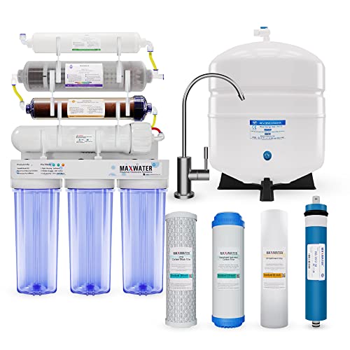 Max Water 11 Stage 50 GPD Reverse Osmosis Deionization + pH Alkaline (5-in-1) Under Sink Water Filtration System - Pure Drinking Water for Home, Office & RV Use