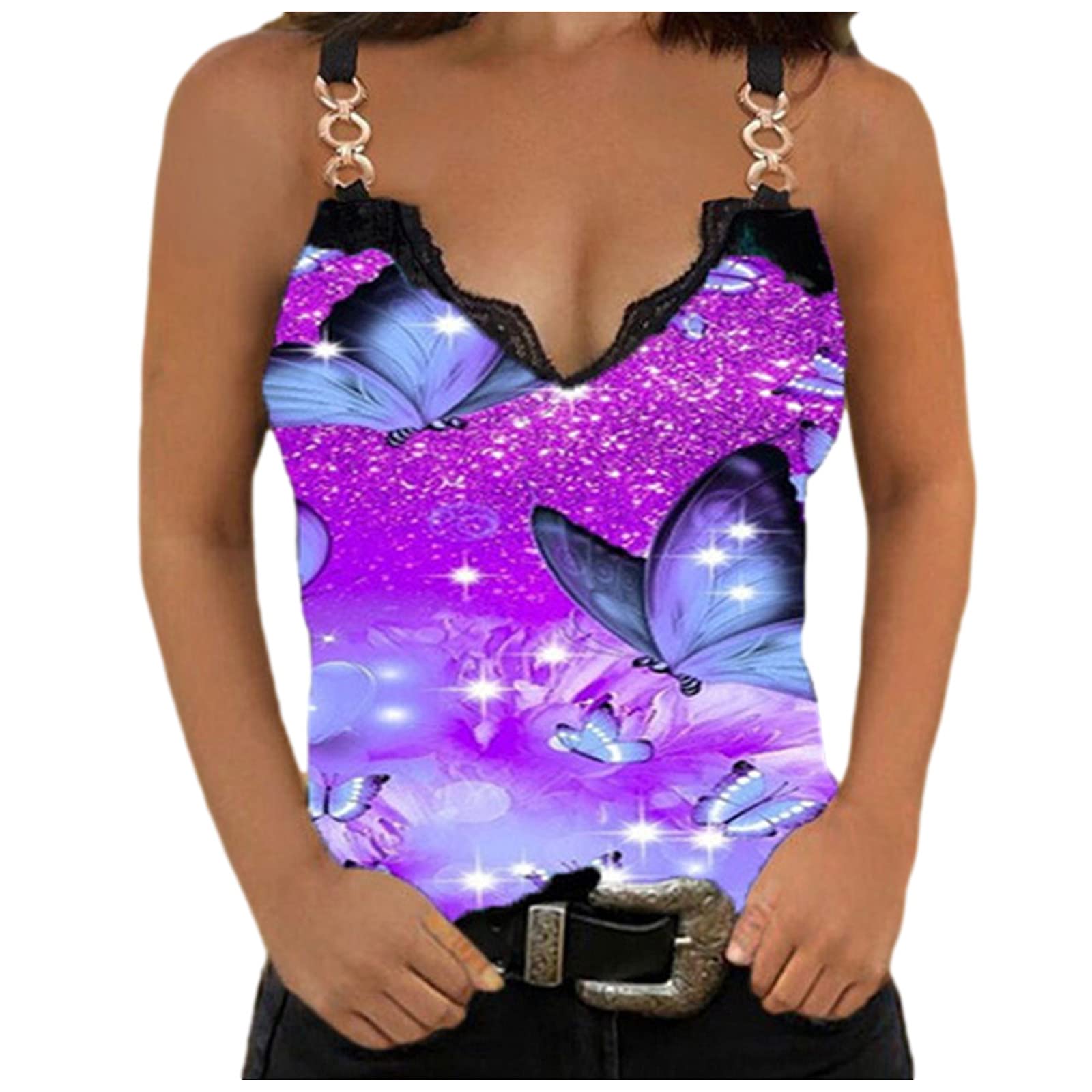 Women's V-Neck Lace Summer Tops - Sleeveless Butterfly Print Blouse & Tee Shirt | Casual Wear, Beach Outfits, Party Tops