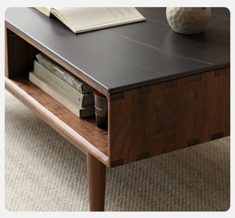 Solid Black Walnut Wood Storage Coffee Table with Rock Plate - Rustic Living Room Furniture for Home Decor & Organization