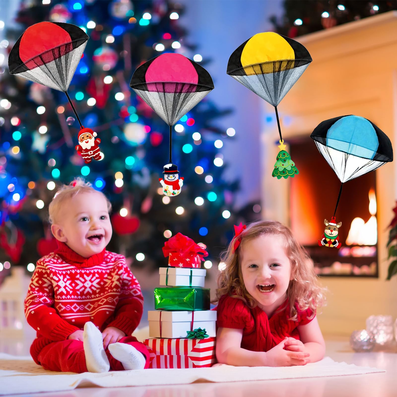 4Pcs Christmas Parachute Toys for Kids - Hand Throw Flying Toys for Boys & Girls - Stocking Stuffers, Party Favors & Xmas Gifts - Outdoor Play, Birthday Parties & Holiday Fun