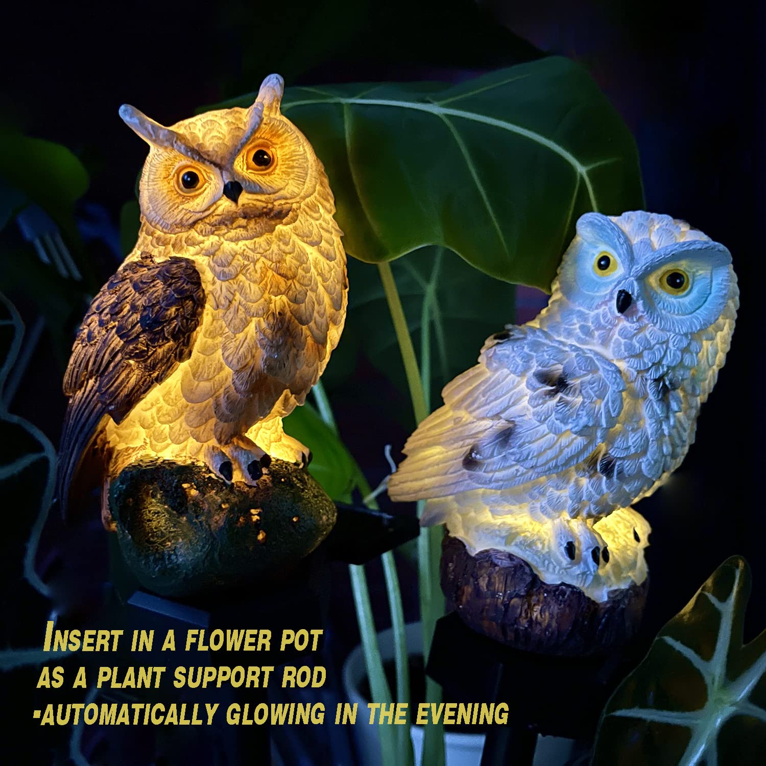 Solar Owl Garden Lights Outdoor Decor - 2PCS Waterproof Brown Resin LED Owl Stake Lights for Yard, Pathway, Patio & Lawn | Perfect for Nighttime Landscape Lighting & Garden Accents