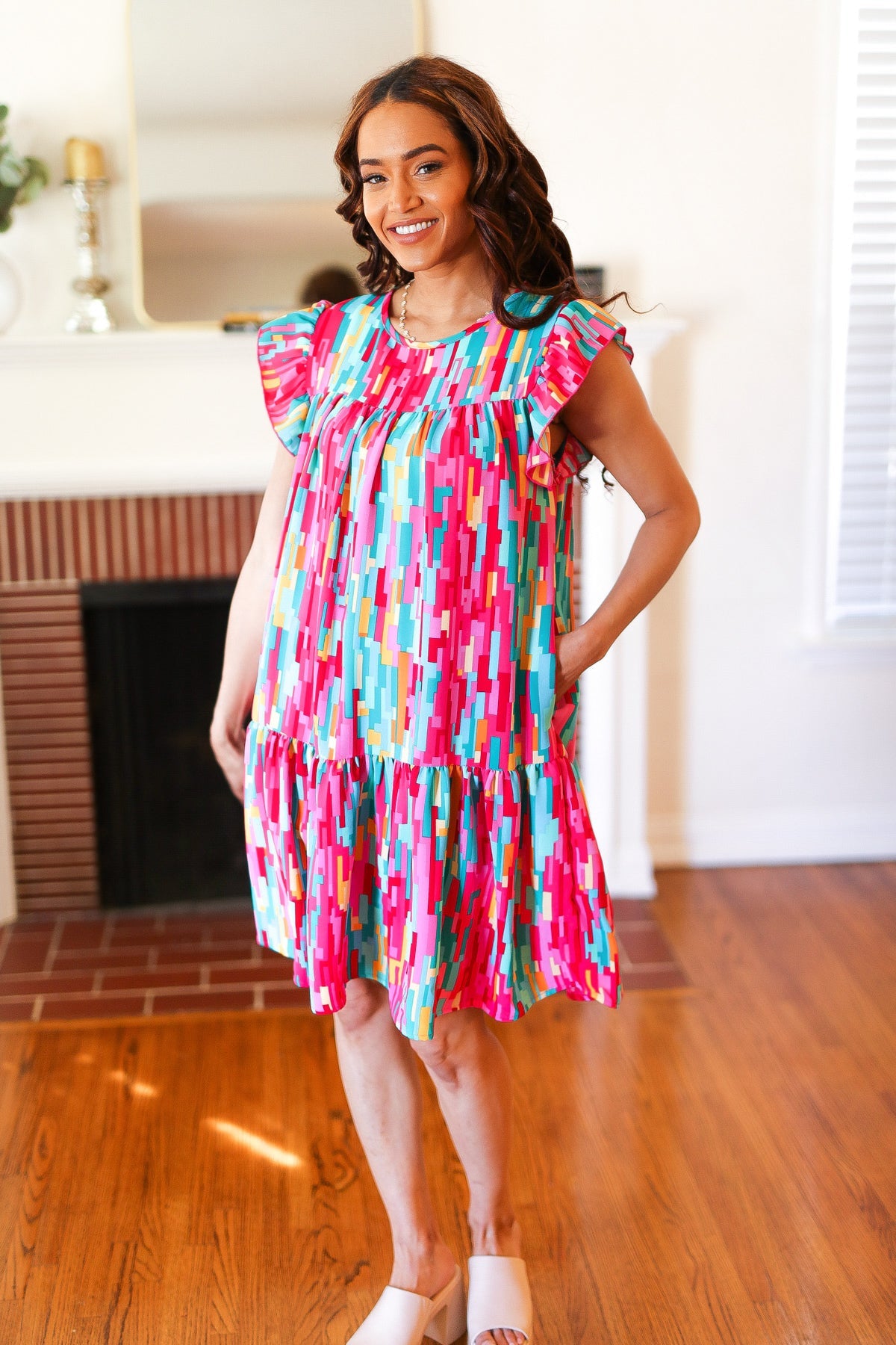 Stylish Multicolor Abstract Print Tiered Ruffle Sleeve Dress for Women | Trendy Party & Cocktail Outfit | Perfect for Date Night, Wedding Guest & Special Occasions