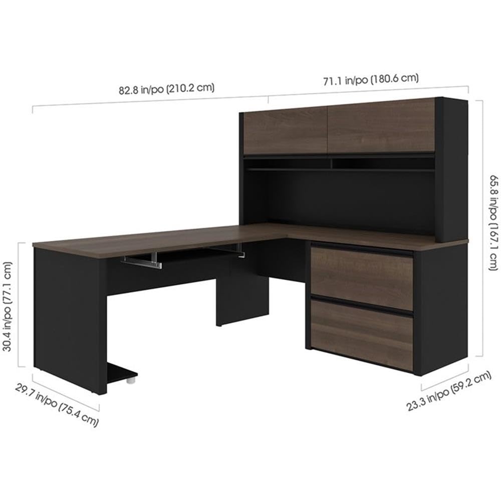 Pemberly Row 5-Piece L-Shaped Computer Desk with Hutch in Antigua and Black - Home Office Furniture for Small Spaces, Gaming & Workstation Setup