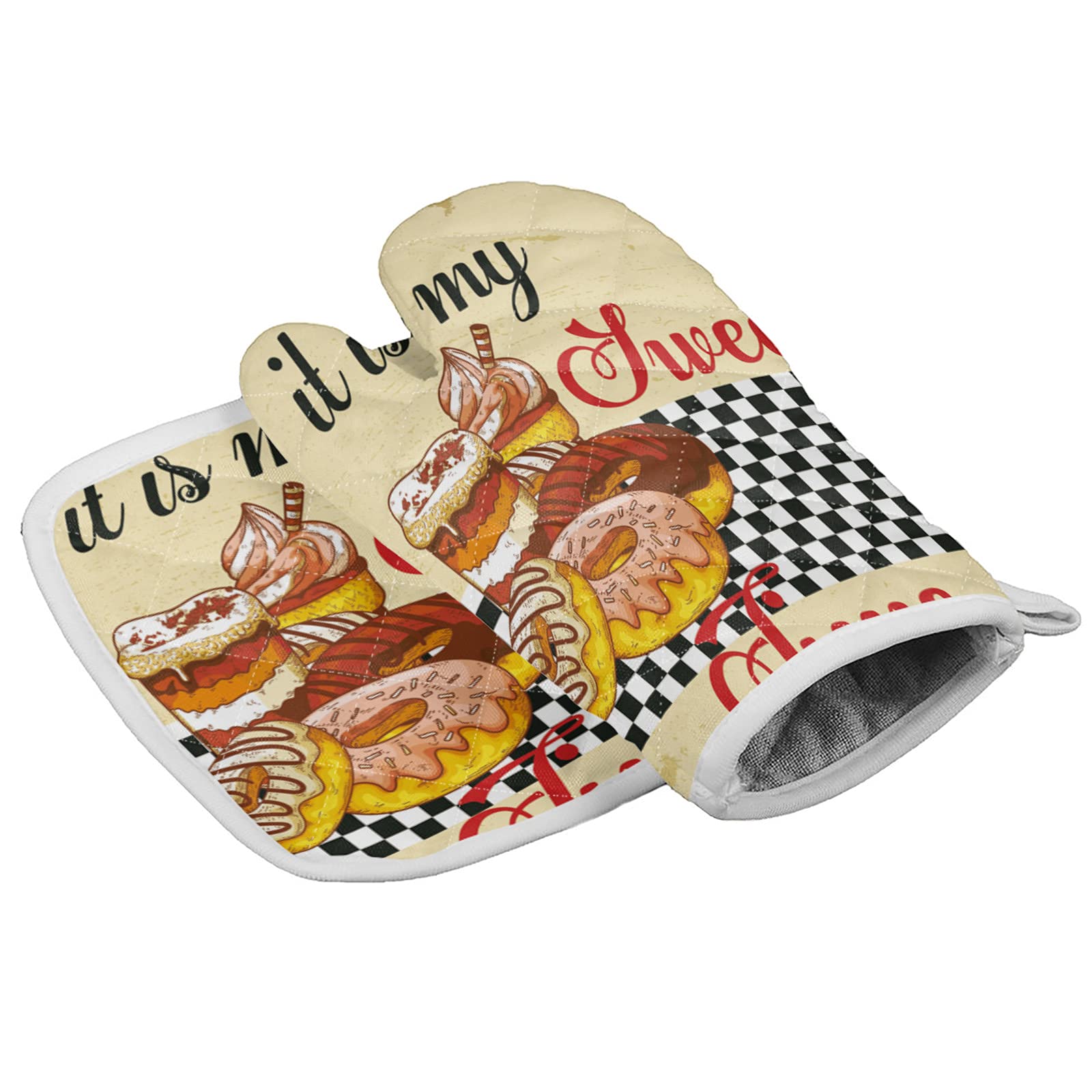 Heat Resistant Oven Mitts and Potholders Set of 2 - Cotton Insulated Kitchen Gloves for Baking, Cooking, Grilling - Perfect for Desserts, Cakes, Donuts & Tea Time