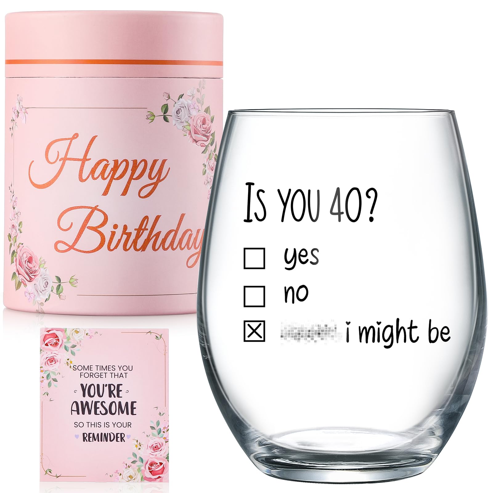 Funny 40th Birthday Wine Glass Gift Set for Women - Elegant Gift Box & Card Included - Perfect 40th Birthday Party Decorations - Great 40 Years Old Present for Her, Female Friends (Ideal for Birthday Celebrations, Girls Night Out, Milestone Parties)