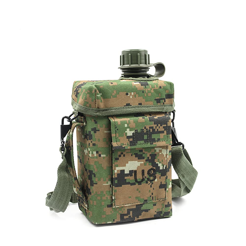 Gogh Military Canteen Water Bottle 2L - Aluminum Camouflage Water Bottle with Shoulder Strap & Quart Cup - Army Green - Perfect for Hiking, Camping, Outdoor Adventures & Survival Gear