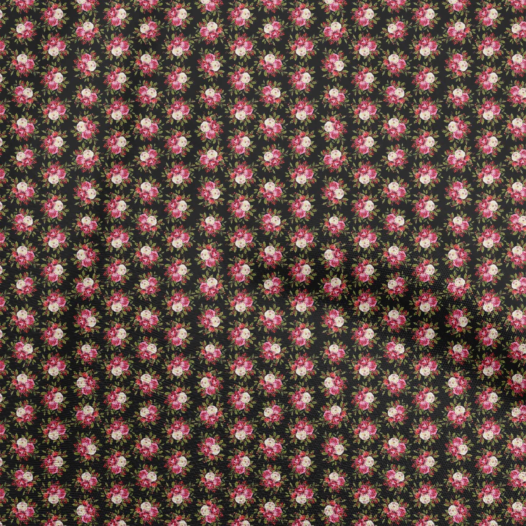 oneOone Polyester Lycra Black Floral Printed Fabric - 56 Inch Wide Sewing Material for DIY Crafts, Dresses & Home Decor | Premium Stretch Fabric by The Yard