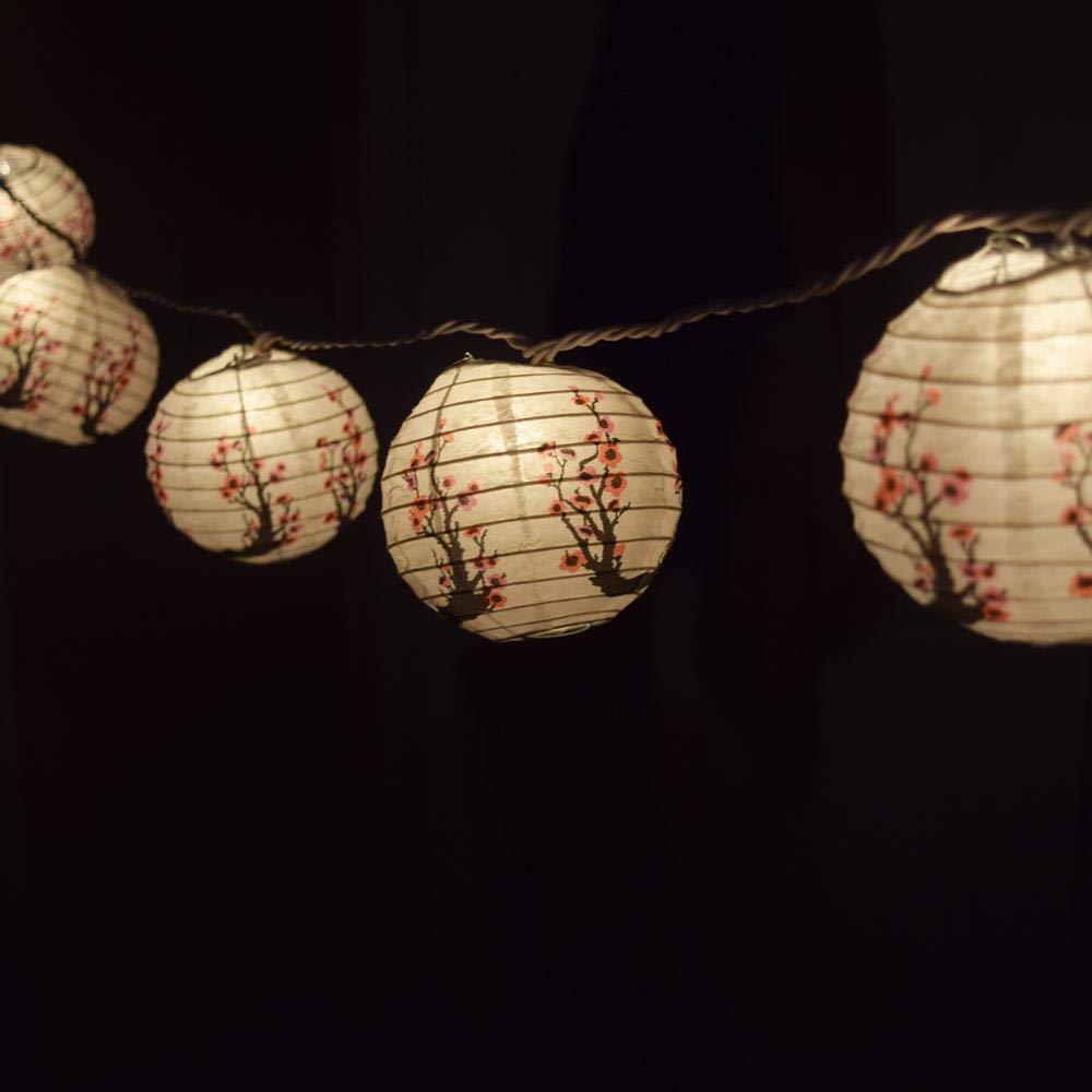 Cherry Blossom Paper Lantern String Lights - 4 Inch Sakura Round Lanterns with 8FT Black Cord for Wedding, Party & Home Decor - Perfect for Indoor/Outdoor Events, Garden Lighting & Asian-Themed Celebrations