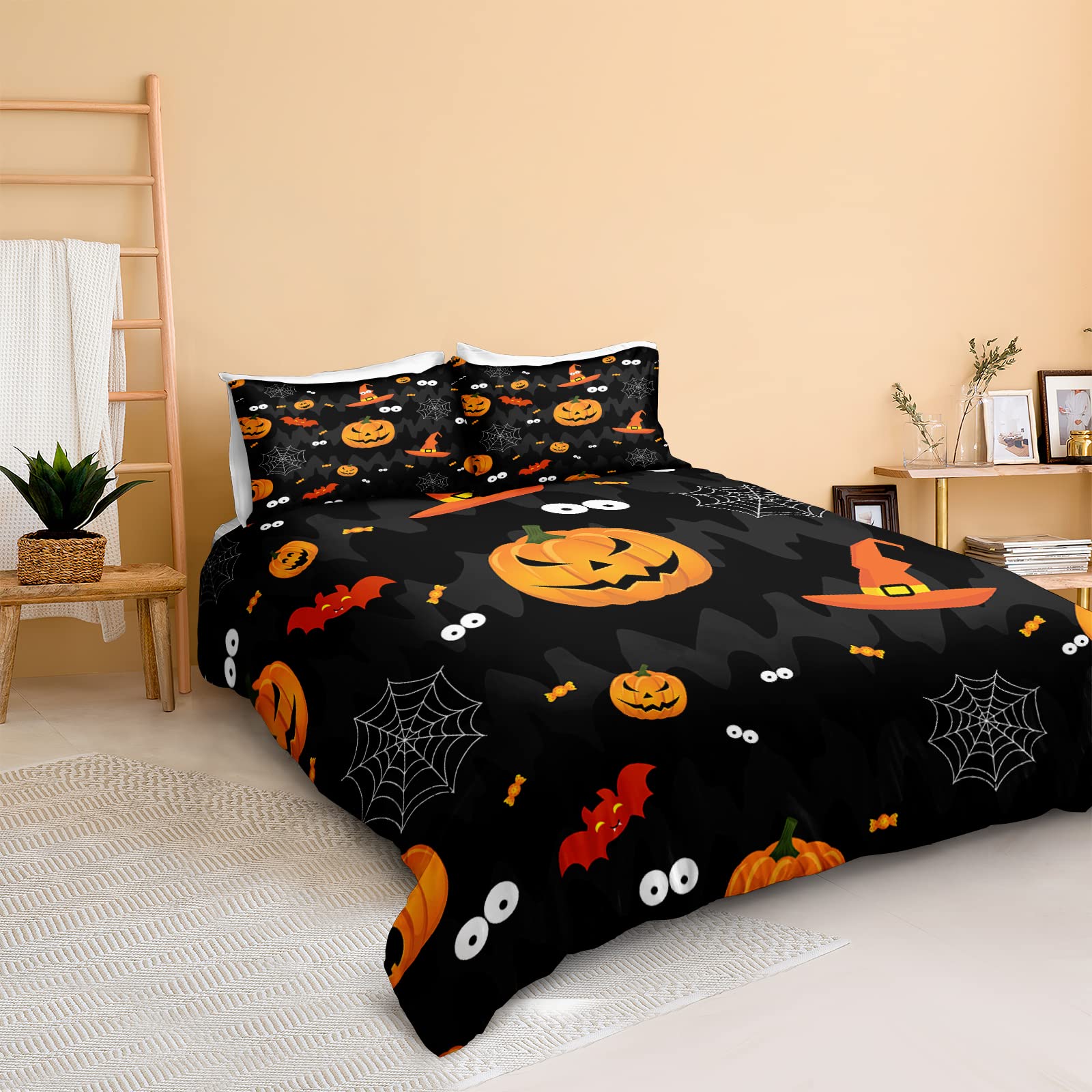 Spooky Halloween Bedding Set - Cartoon Pumpkin Duvet Cover with Bat, Spider Web & Witch Hat Design | Full Size Kids Bedroom Decor for Boys | Perfect for Halloween Parties & Themed Room Decor