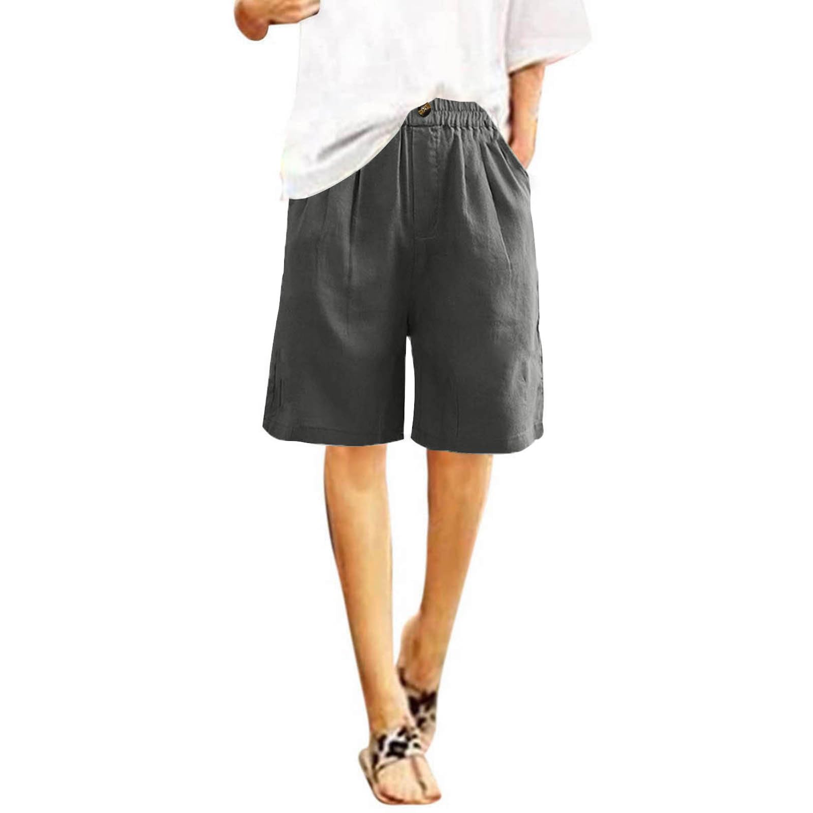 **Mzkdieey Women's Cotton Linen Shorts - High Waist Casual Bermuda Shorts, Loose Fit Knee-Length for Workout, Summer & Beach - Perfect for Yoga, Travel & Outdoor Activities**