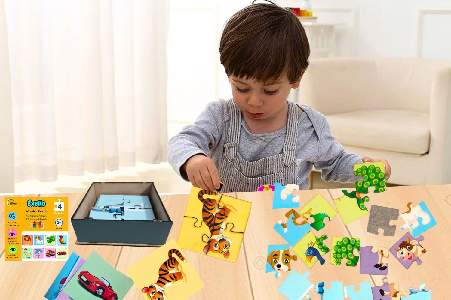 Exello 4-Piece Wooden Puzzle Set for Kids - 8 Pack Animal & Bird Jigsaw Puzzles (4x4 Inch) - Educational Toddler Learning Toys for Preschoolers - Perfect for Birthday Gifts, Classroom Activities & Family Game Night