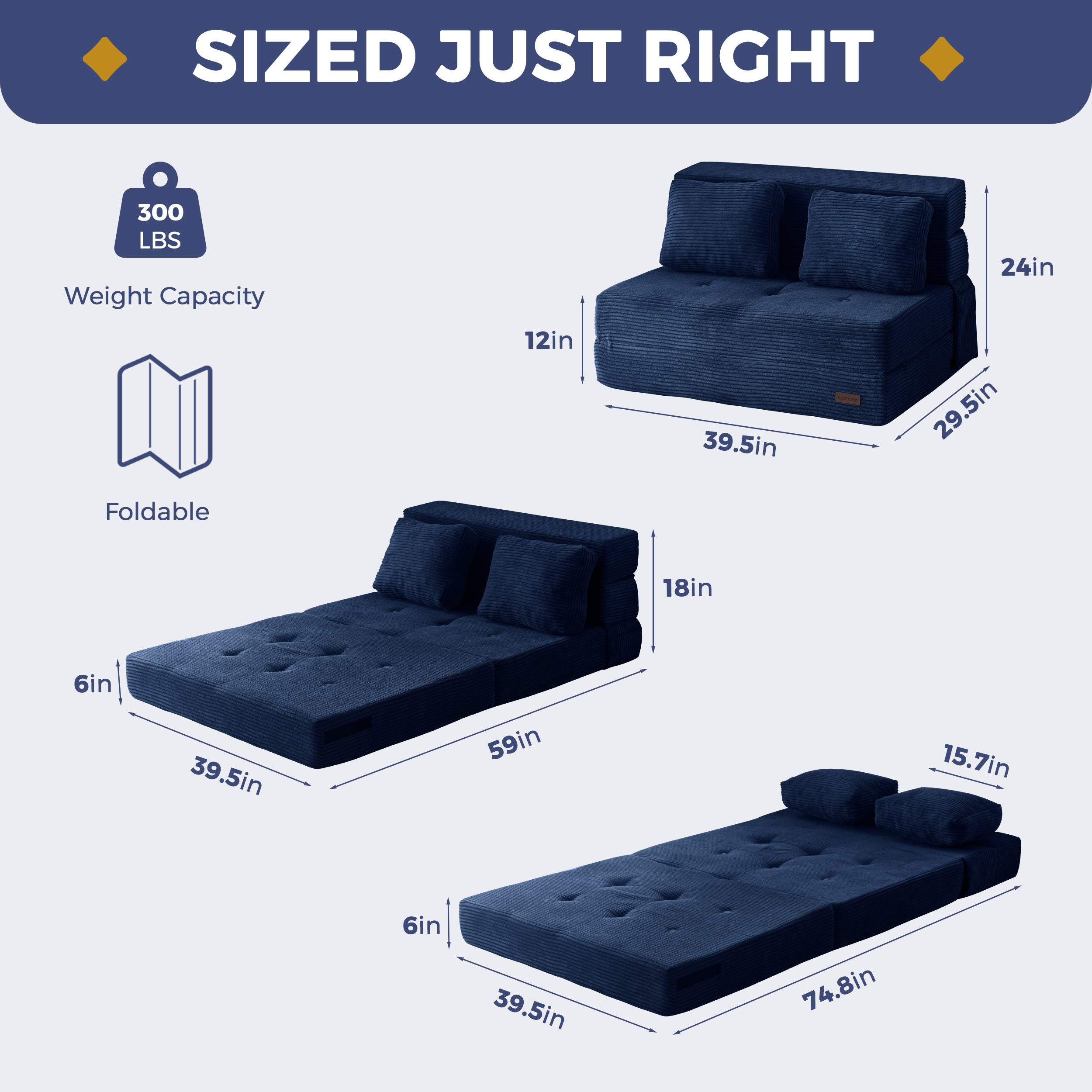 MAXYOYO 3-in-1 Convertible Sofa Bed - Fold Out Single Sleeper Sofa with Pillow, Foam Floor Couch & Lazy Chair for Living Room, Bedroom, Guest Room (Navy Blue) | Perfect for Small Spaces, Overnight Guests & Relaxing