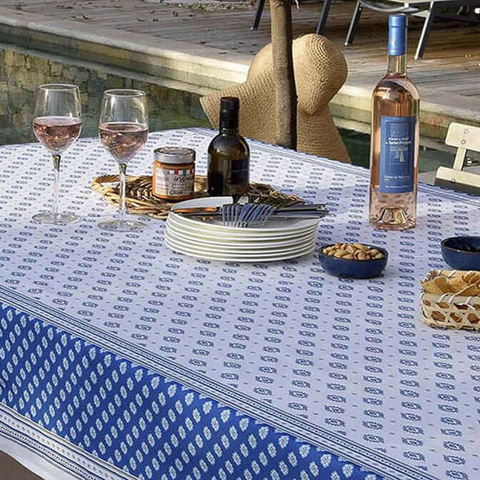 60x138 Inch Rectangular Sormiou Blue & White Double Border Acrylic Coated Cotton Tablecloth by l'Ensoleillade - Waterproof & Wrinkle-Resistant Dining Table Cover for Restaurants, Weddings & Outdoor Events