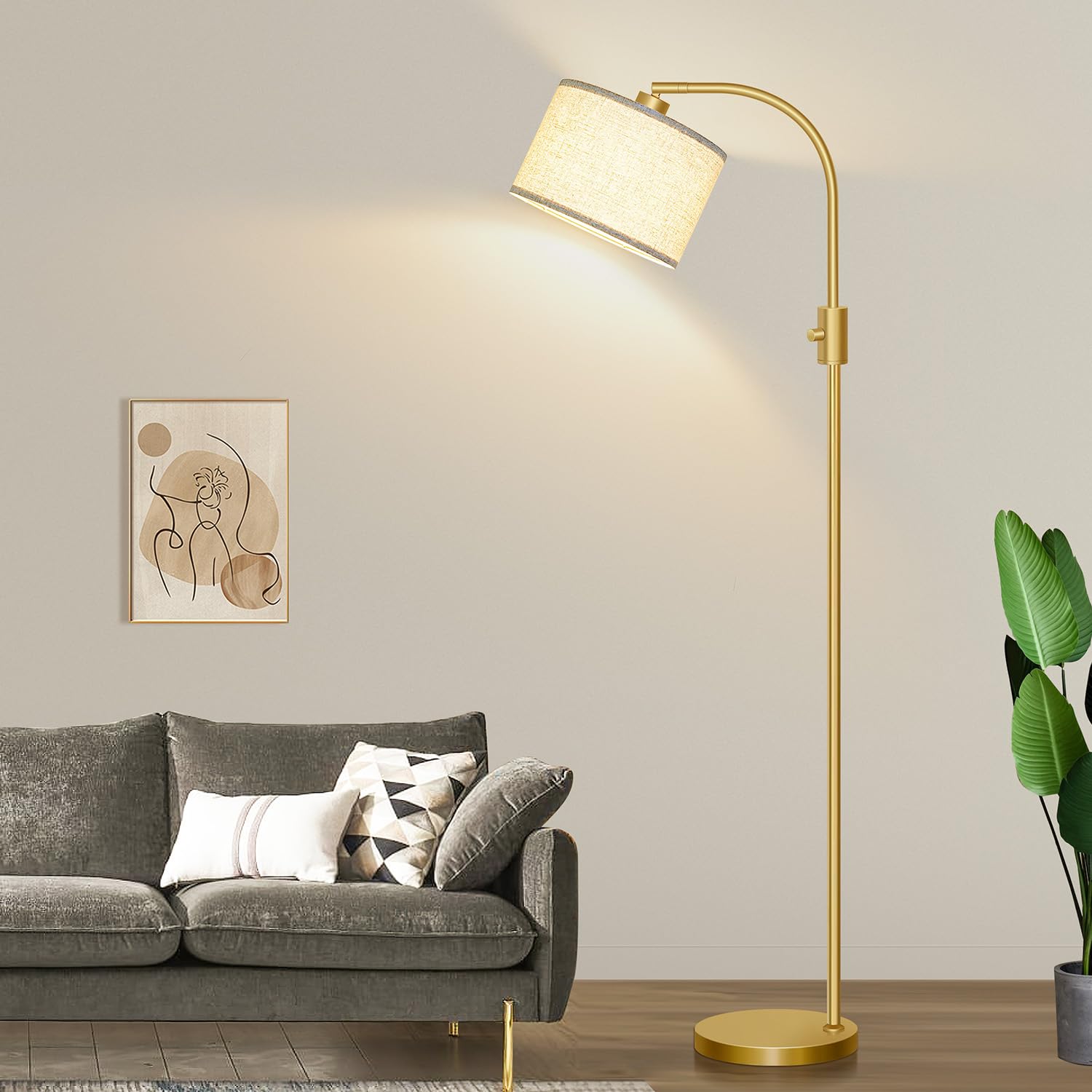 Upgraded Dimmable Gold Floor Lamp with 1200 Lumens LED Bulb - Modern Arc Standing Lamp with Linen Shade for Living Room, Bedroom, Office, Nursery - Perfect for Reading, Relaxing & Home Decor