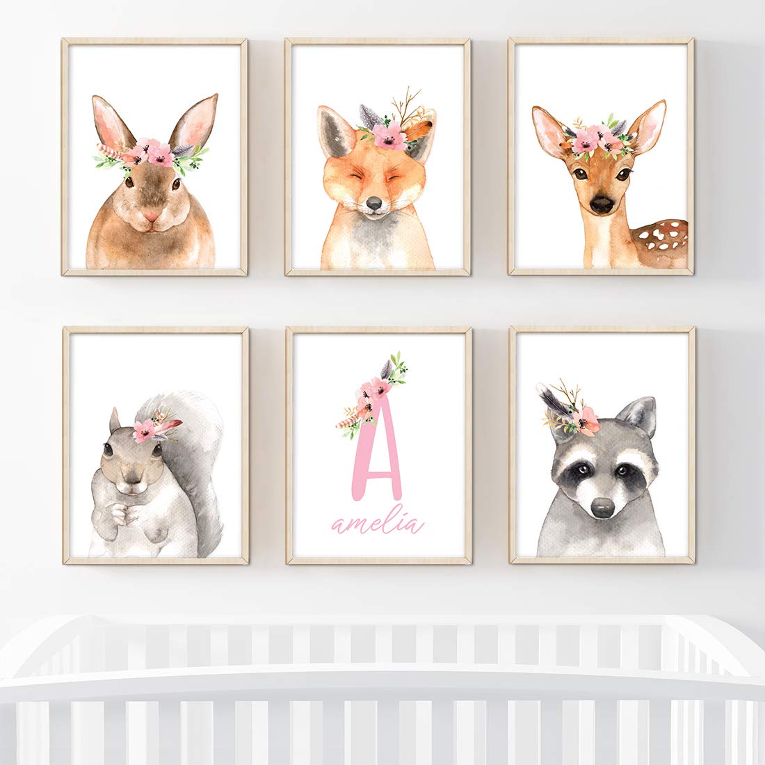 Personalized Nursery Wall Art for Girls - Rustic Forest Floral Animal Theme (6-Pack Unframed 8.5x11