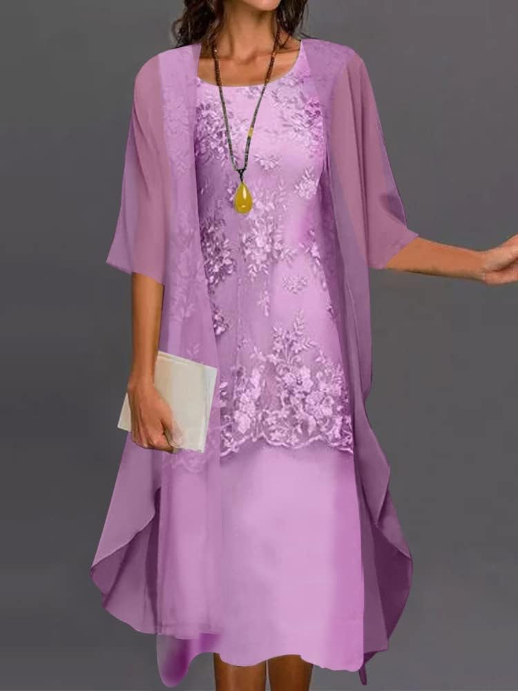 Elegant Floral Chiffon Midi Dress 2-Piece Set with Jacket for Women - Summer Cocktail Party, Wedding Guest & Special Occasion Outfit (Size 2XL) | Flowy 3/4 Sleeve Round Neck Dress for Bridal Shower, Garden Party & Formal Events