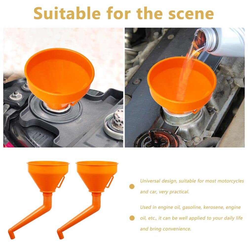 VICASKY Right Angle No-Spill Automotive Funnel - 2 Pack Orange Plastic Multi-Purpose Filling Funnel for Cars, Motorcycles, ATVs & Lawn Mowers - Perfect for Oil Changes, Fluid Transfers & DIY Maintenance
