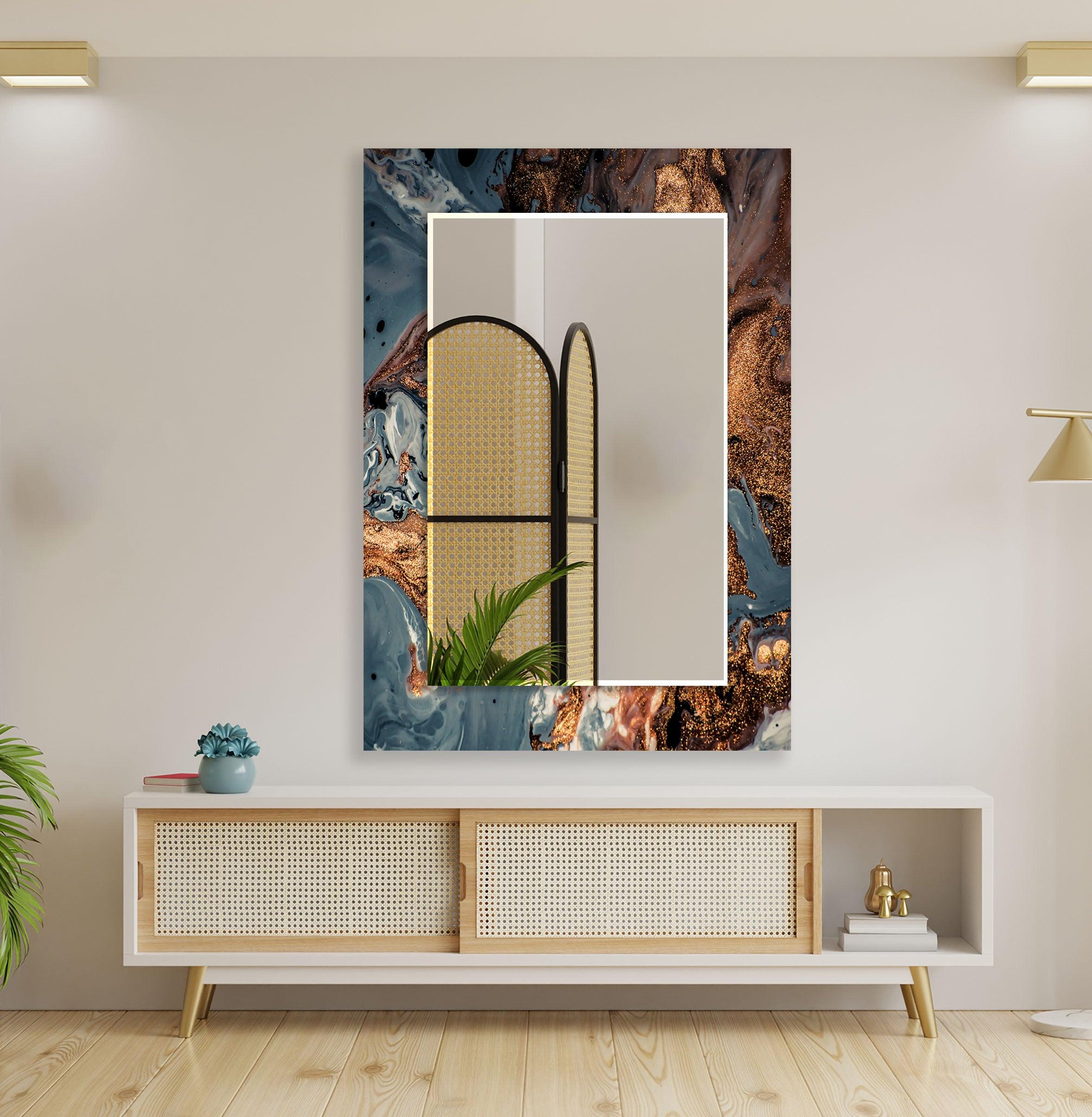 Blue Abstract Wall Mirror with Bronze Details - Modern Decorative Mirror for Living Room, Bedroom, or Entryway