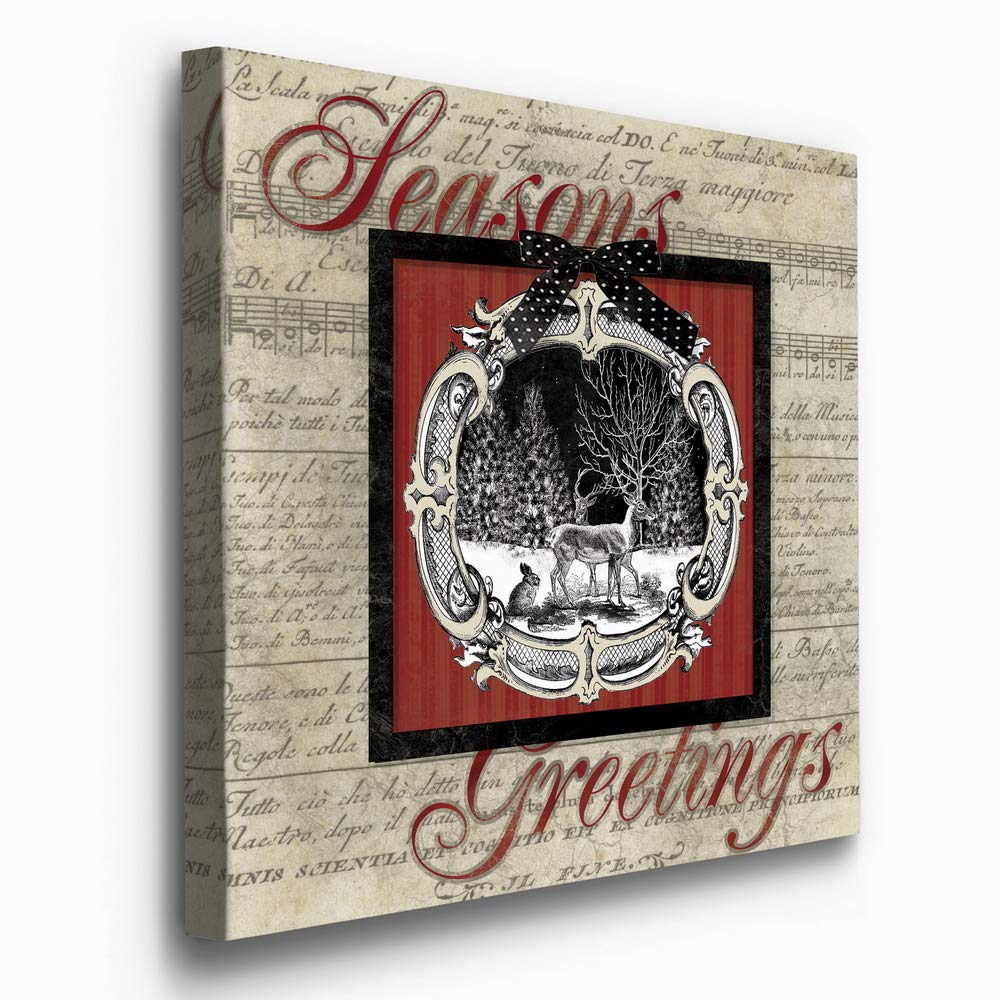 Premium Season's Greetings Deer & Hare Wall Art - Christmas Canvas Decor with Antique Sheet Music Background - 40x40 Inches Gallery Wrapped - Ready to Hang - Made in USA - Perfect for Holiday Home Decor, Living Room, Bedroom & Office