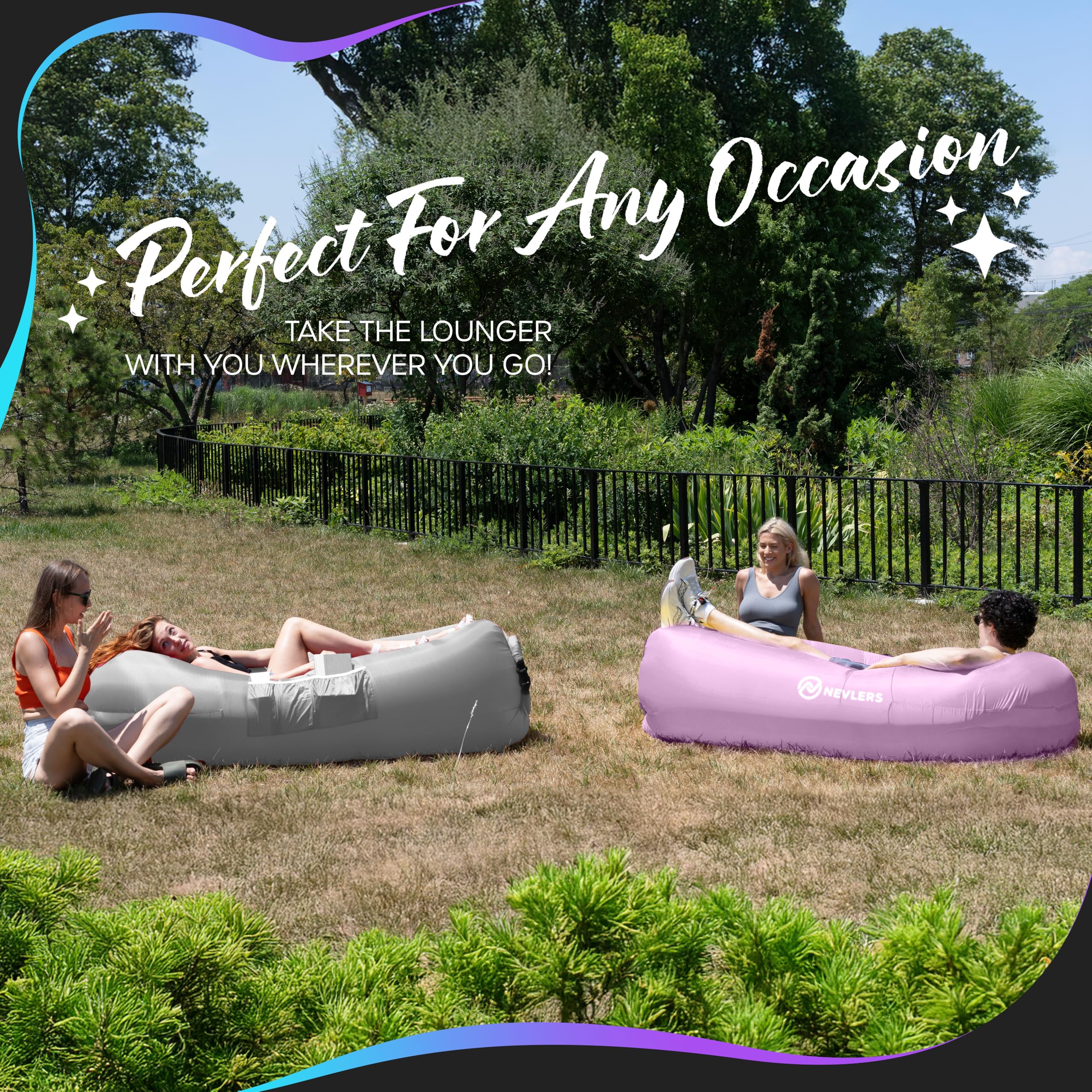 Nevlers 2 Pack Inflatable Loungers - Portable Air Sofa Couch for Beach, Camping, Travel & Outdoor Relaxation | Includes Travel Bag, Pegs & 3 Storage Pockets | Perfect for Picnics, Backyard, Poolside & Festival Seating