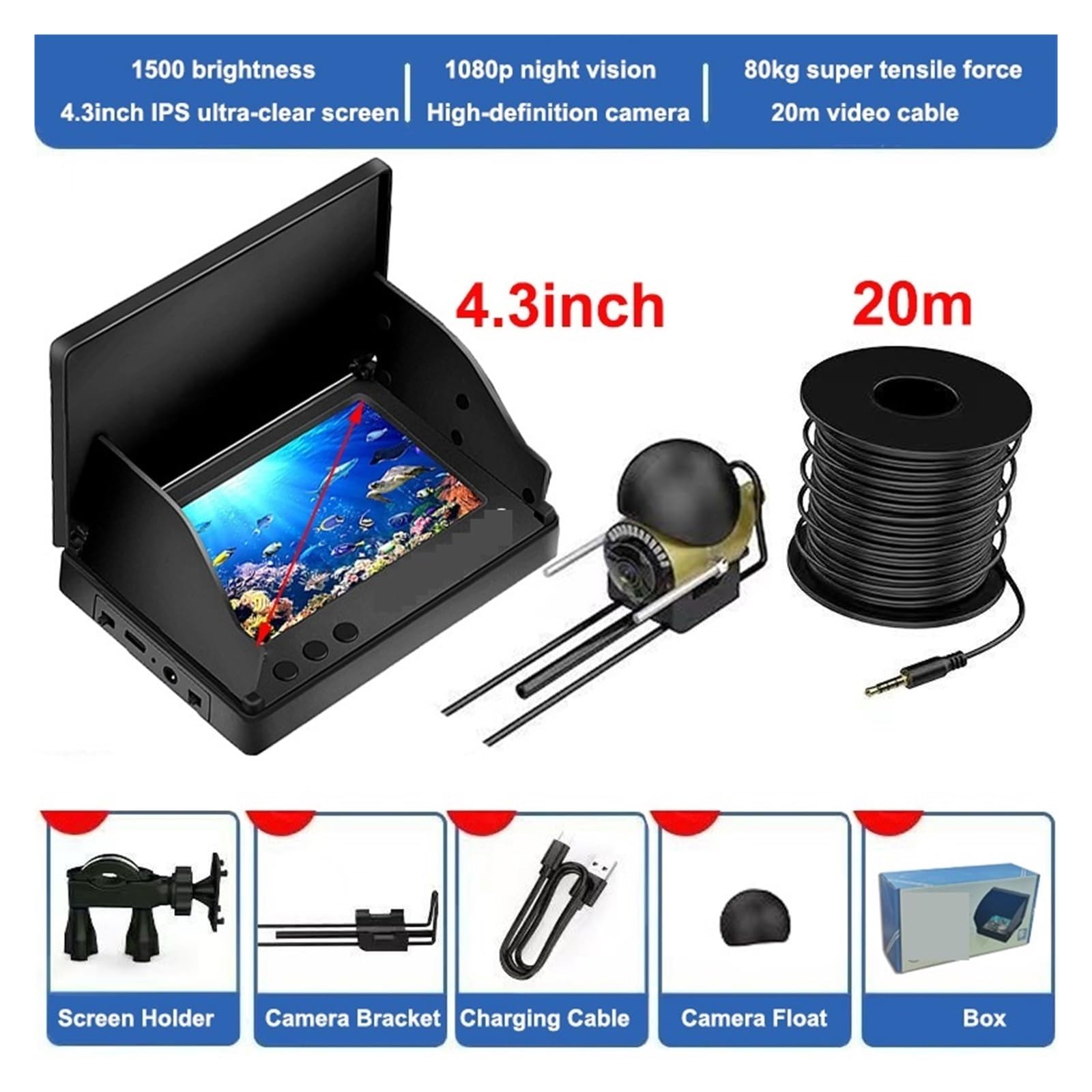 **Underwater Fishing Camera with 5.0/4.3 Inch LCD Display - 1080P HD, 220° Wide Angle, 9-Hour Night Vision, Waterproof for Ice, Lake, Sea, Boat & Kayak Fishing (30m Cable) - Perfect for Deep Sea, Freshwater & Ice Fishing Adventures**