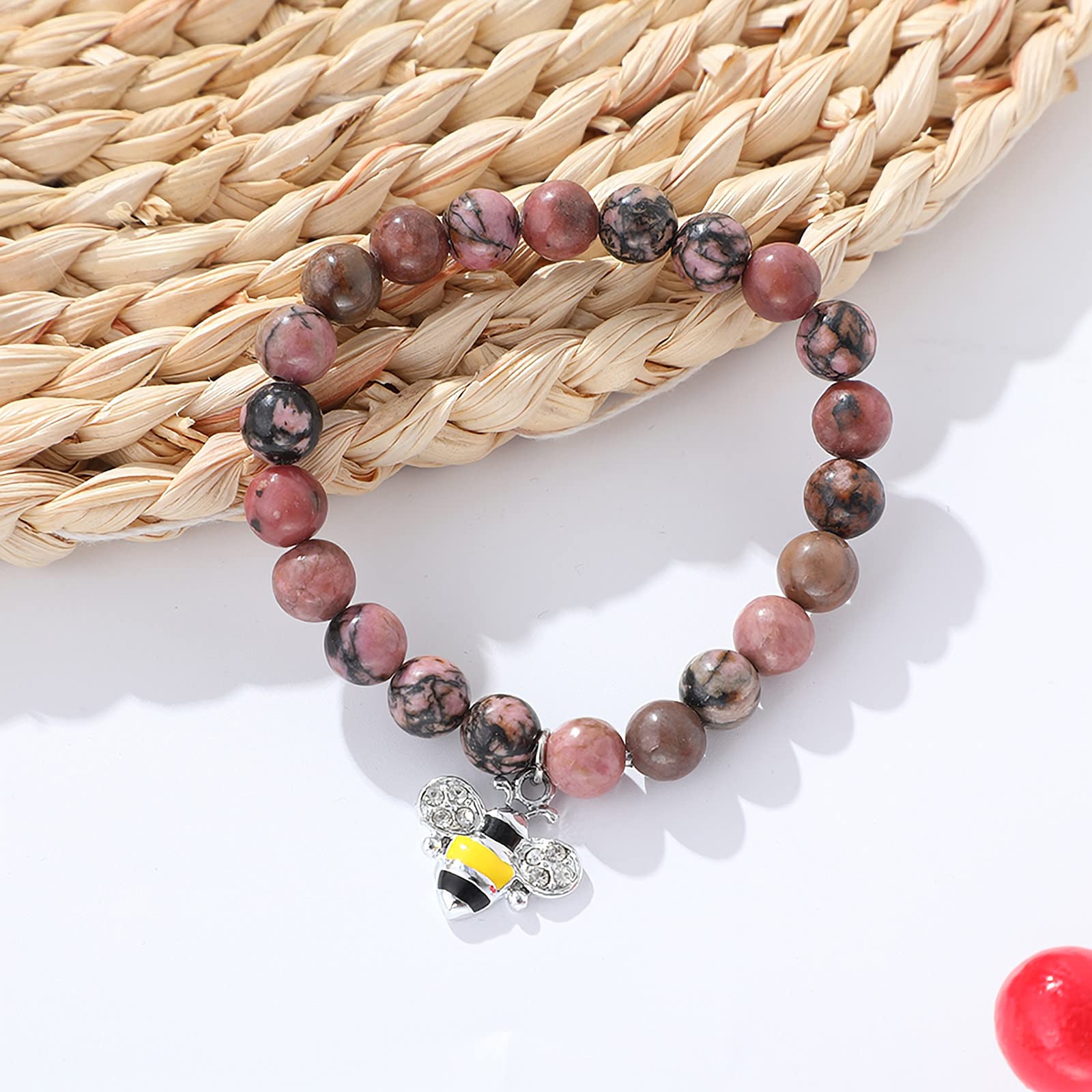 Teacher Bracelet Gift for Women - Natural Stone Jewelry with Apple Bee Charm for Graduation & Appreciation - Class of 2024