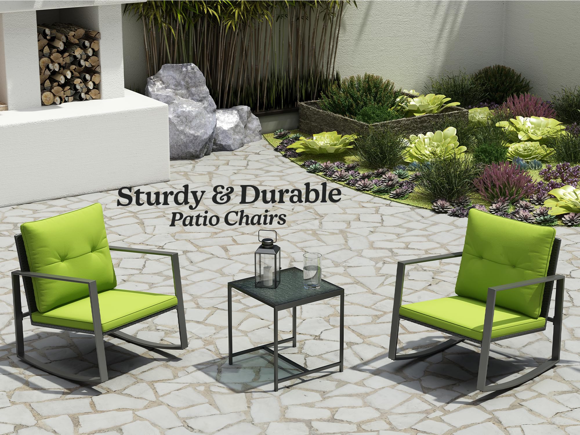 3-Piece Rocking Bistro Set - Black Metal Frame with Green Synthetic Wicker & Soft Cushions - Outdoor Patio Furniture with Glass Coffee Table & 2 Chairs - Perfect for Balcony, Porch, Garden or Backyard Relaxation