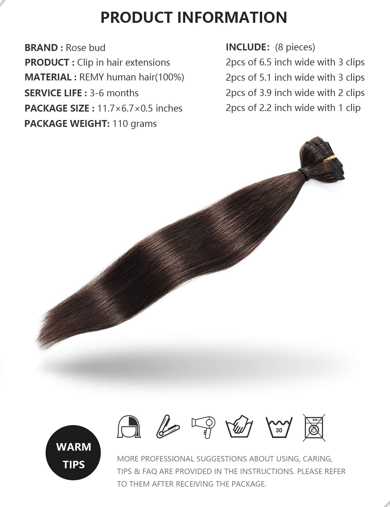 Rose Bud Clip-in Hair Extensions 8Pcs - 100% Remy Human Hair, 18 Clips, 60g/Set, 12 Inch Medium Brown for Volume & Length - Perfect for Parties, Weddings & Daily Styling