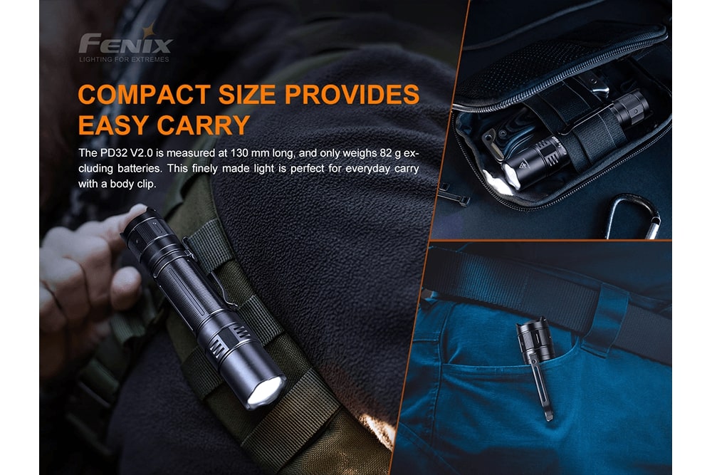Fenix PD32 V2.0 LED Flashlight - 1000 Lumens, Rechargeable, Compact Tactical Light for Camping, Hiking & Emergency Use