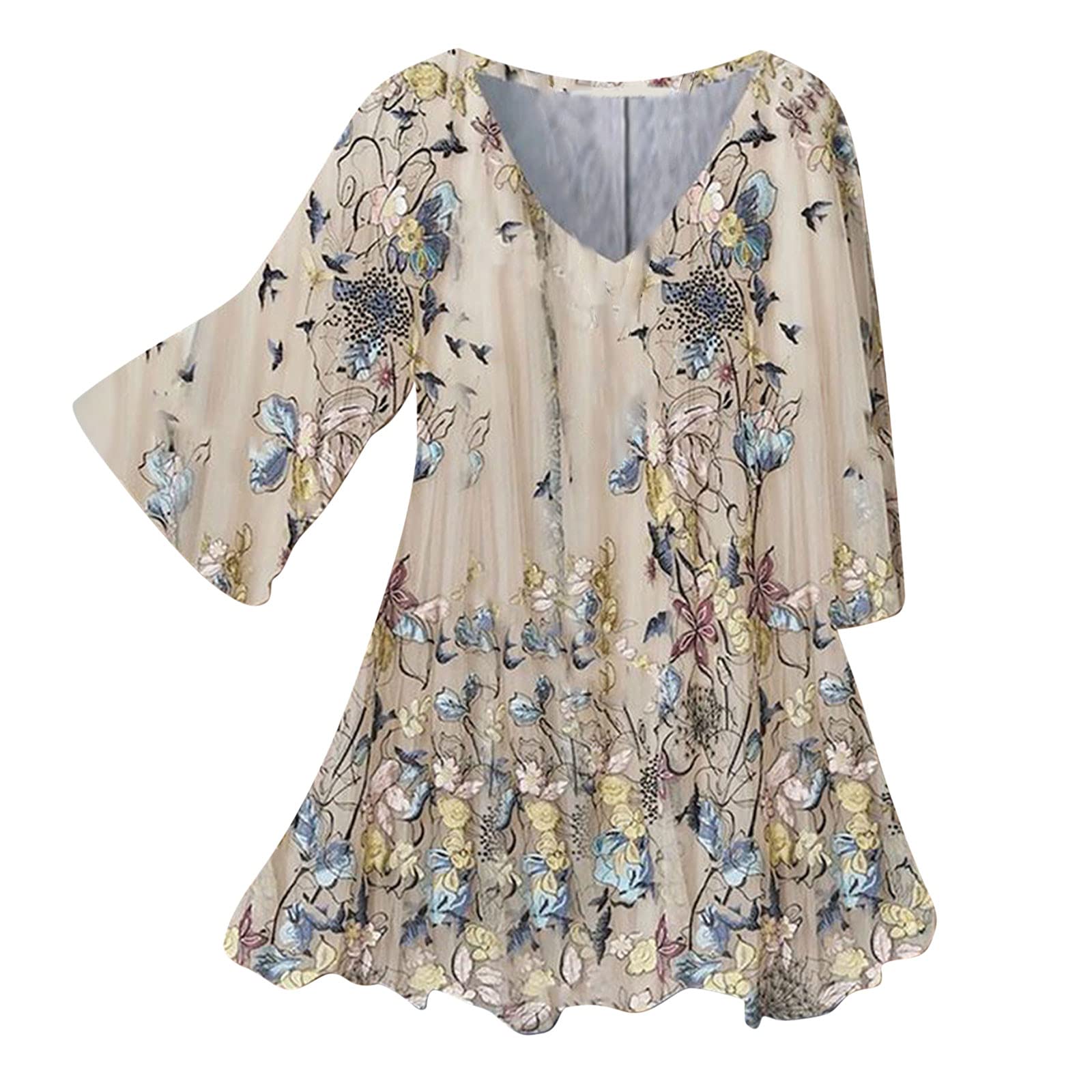 Women's Floral Graphic Loose Fit Short Sleeve Tunic T-Shirt - Oversized V-Neck Summer Top Blouse for Casual Wear, Beach & Vacation Outfits