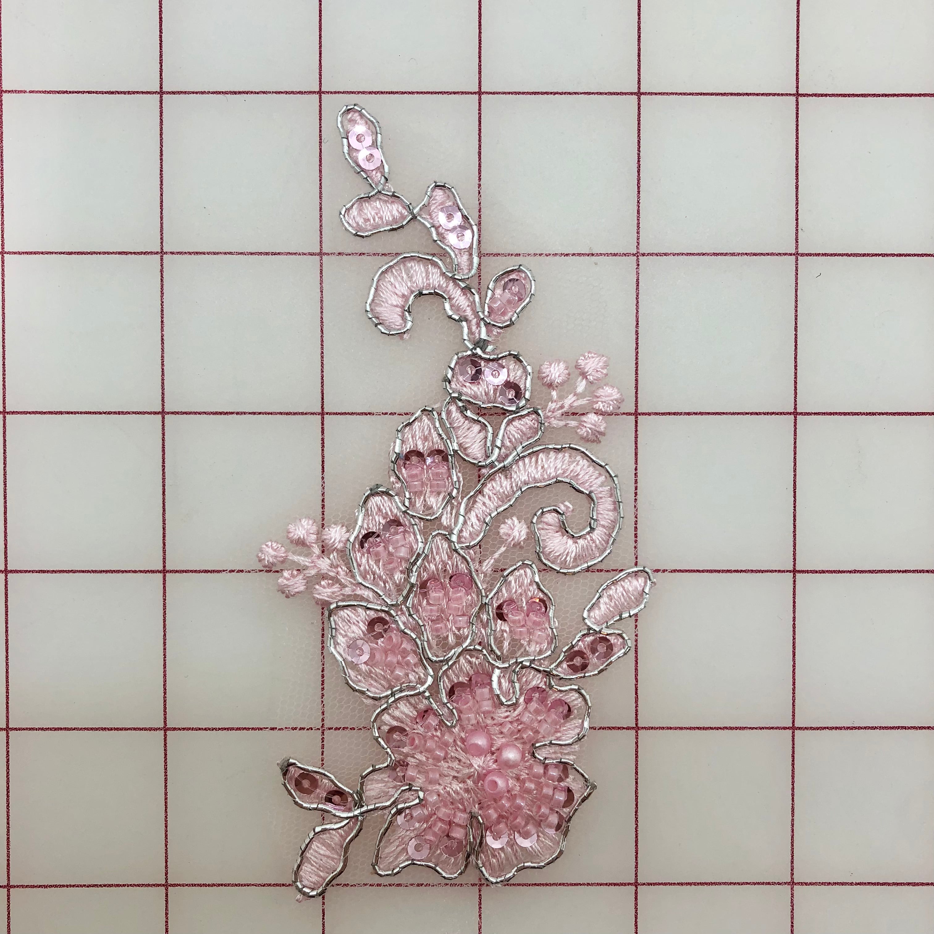 Beaded and Sequined Pink & Silver Floral Applique Pairs - Handmade Embroidered Patch for DIY Clothing, Costumes, and Home Decor